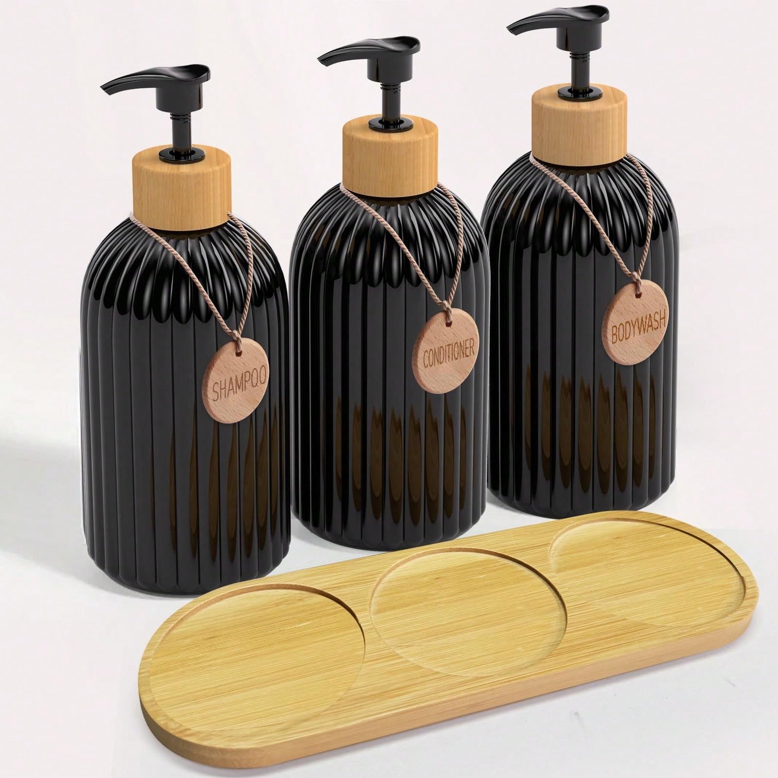 Jolof Store 3-Piece Bamboo Soap Dispenser Set with Tray for Kitchen & Bath