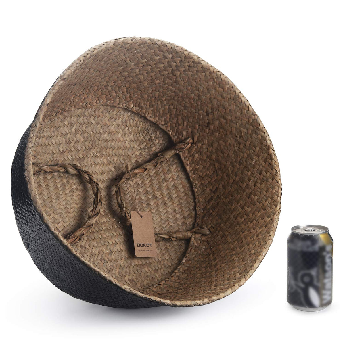 Seagrass Belly Basket Natural Woven Plant Pot Foldable with Handles for Storage Laundry Blankets Toys Natural + Black - image 2