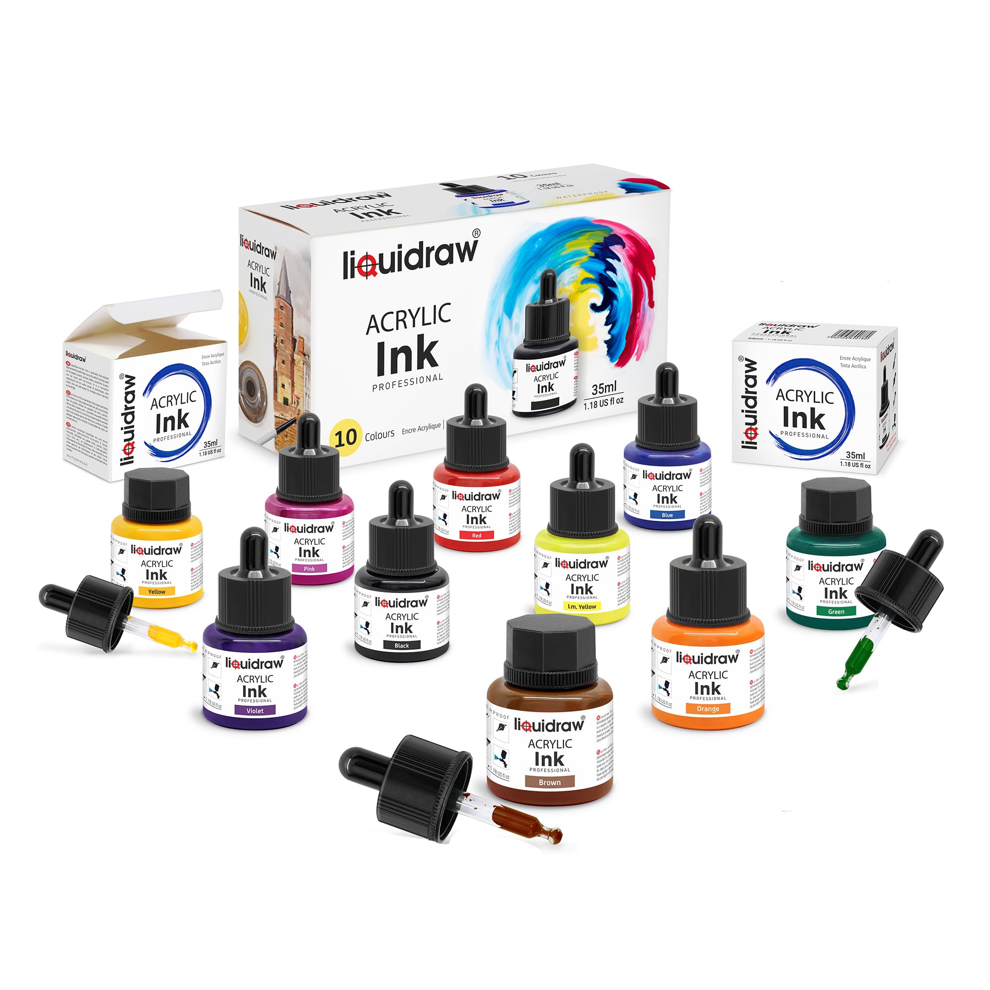 Liquidraw Acrylic Drawing Ink Set - 10 Assorted Waterproof Colours | 35ml