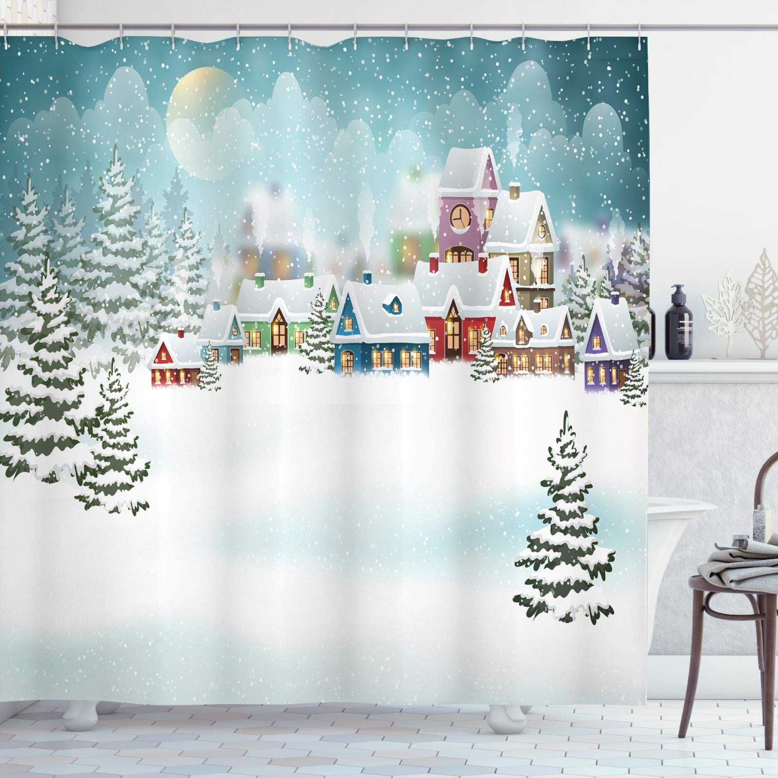ABAKUHAUS Christmas Fabric Shower Curtain - Winter Village Snow Forest