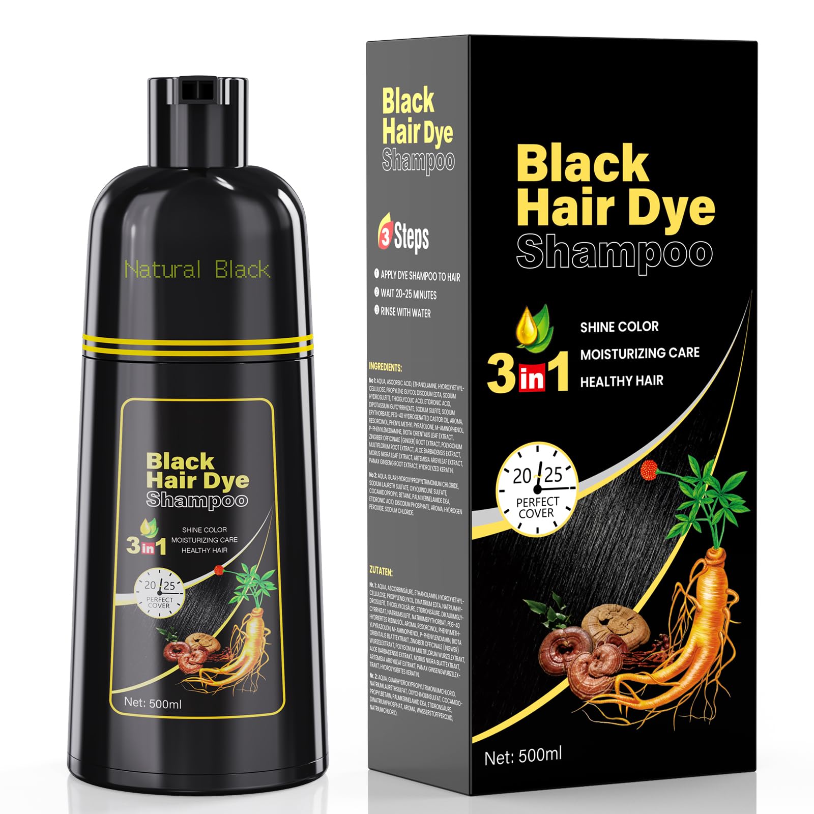 3-in-1 Black Hair Dye Shampoo | 500ml Natural Herbal Formula