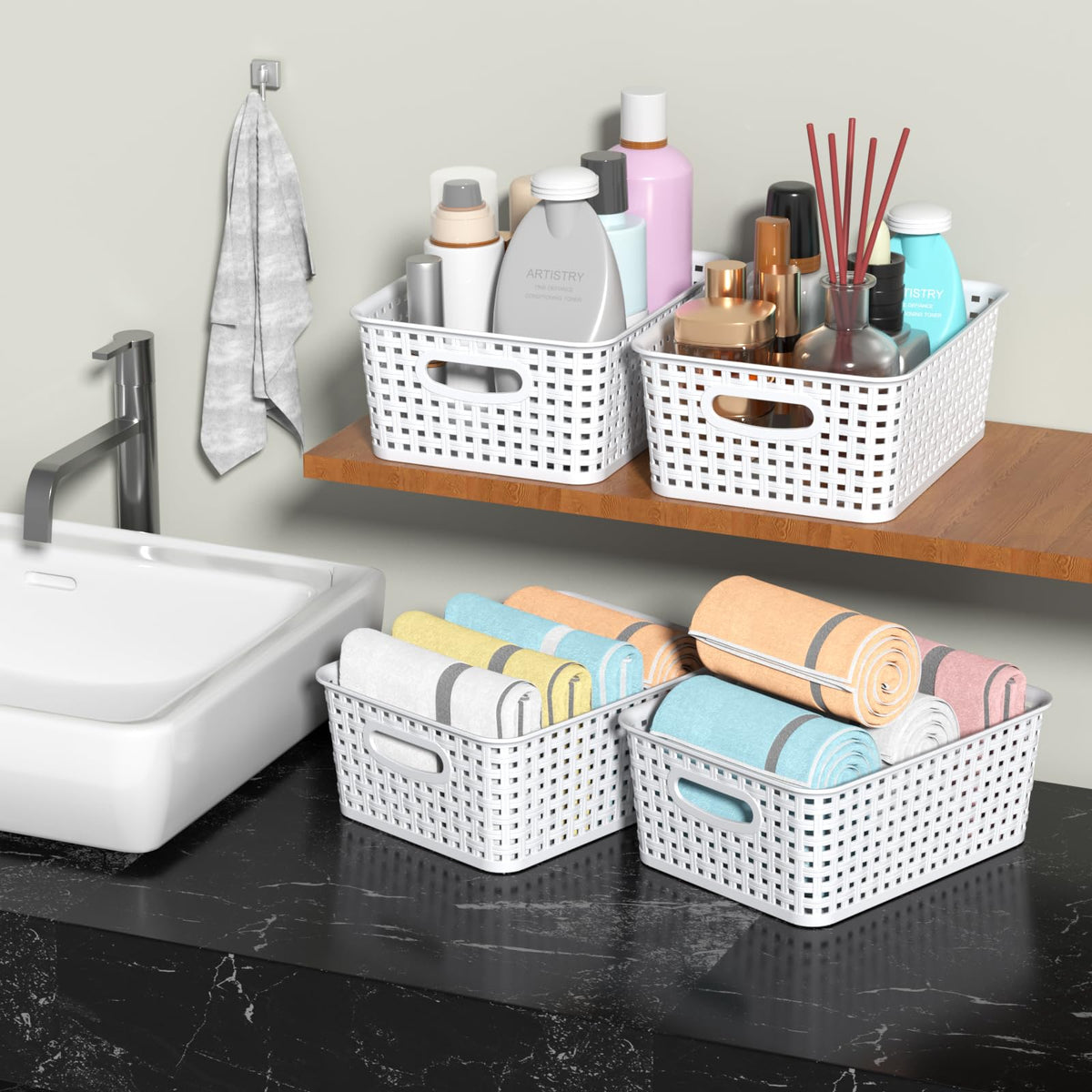 Callyne Set of 6 Plastic Storage Baskets, Organizer Basket, White