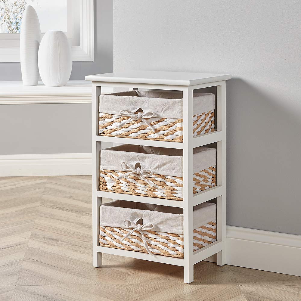 Home Source White Wooden Storage Chest with 3 Wicker Basket Drawers
