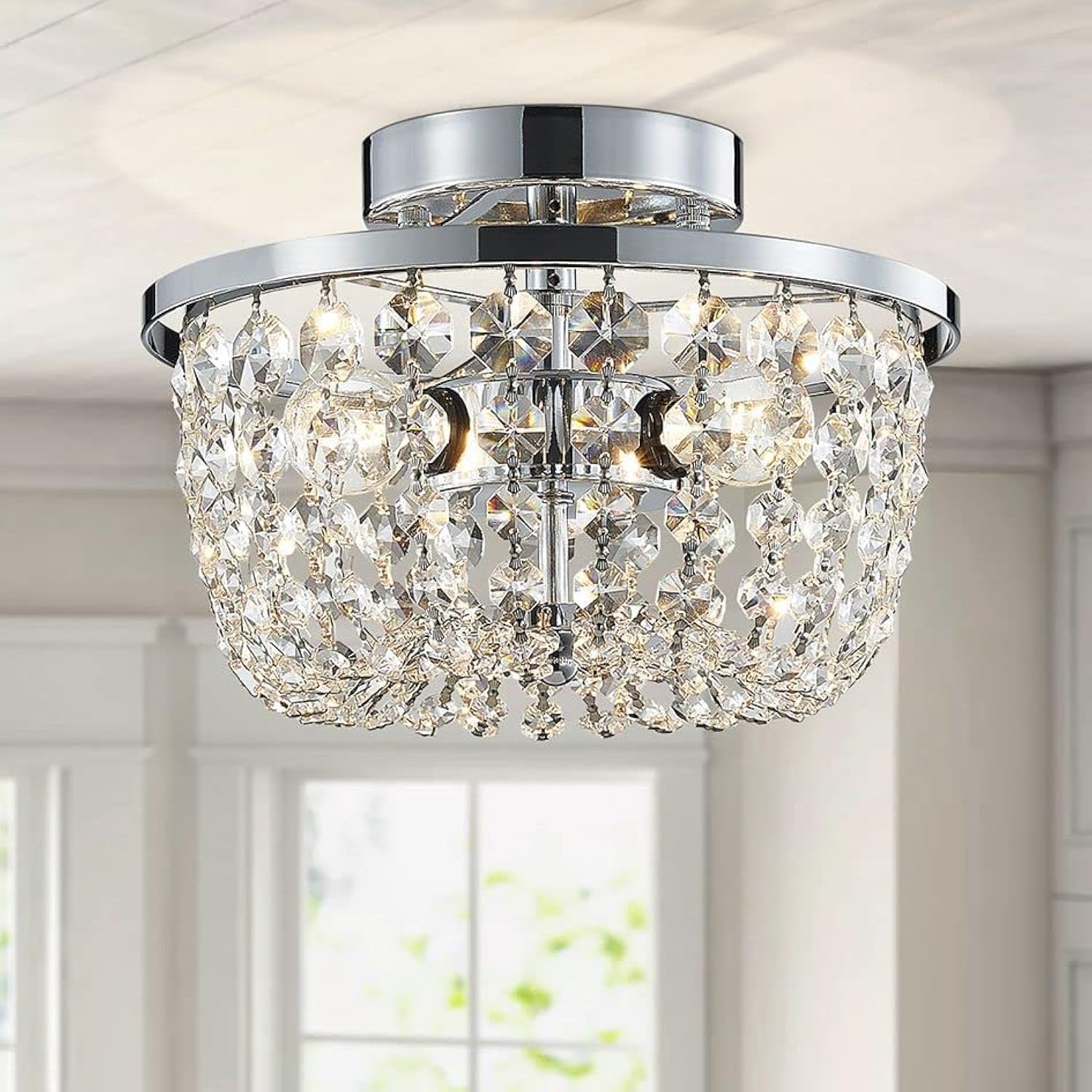 WUZUPS Modern Crystal Chandelier – Chrome Semi-Flushmount Ceiling Light