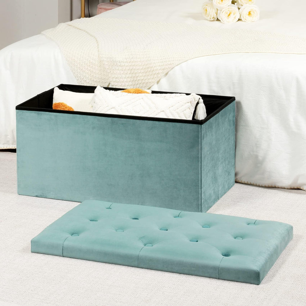 Bonlife Folding Velvet Ottoman Storage Bench - Green Toy Chest, 80cm