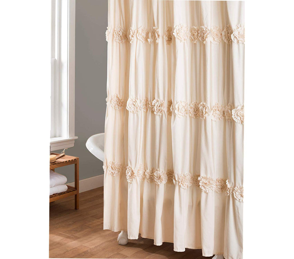 Lush Decor Darla Ruched Floral Bathroom Shower Curtain, 72” x 72”, Ivory - image 1