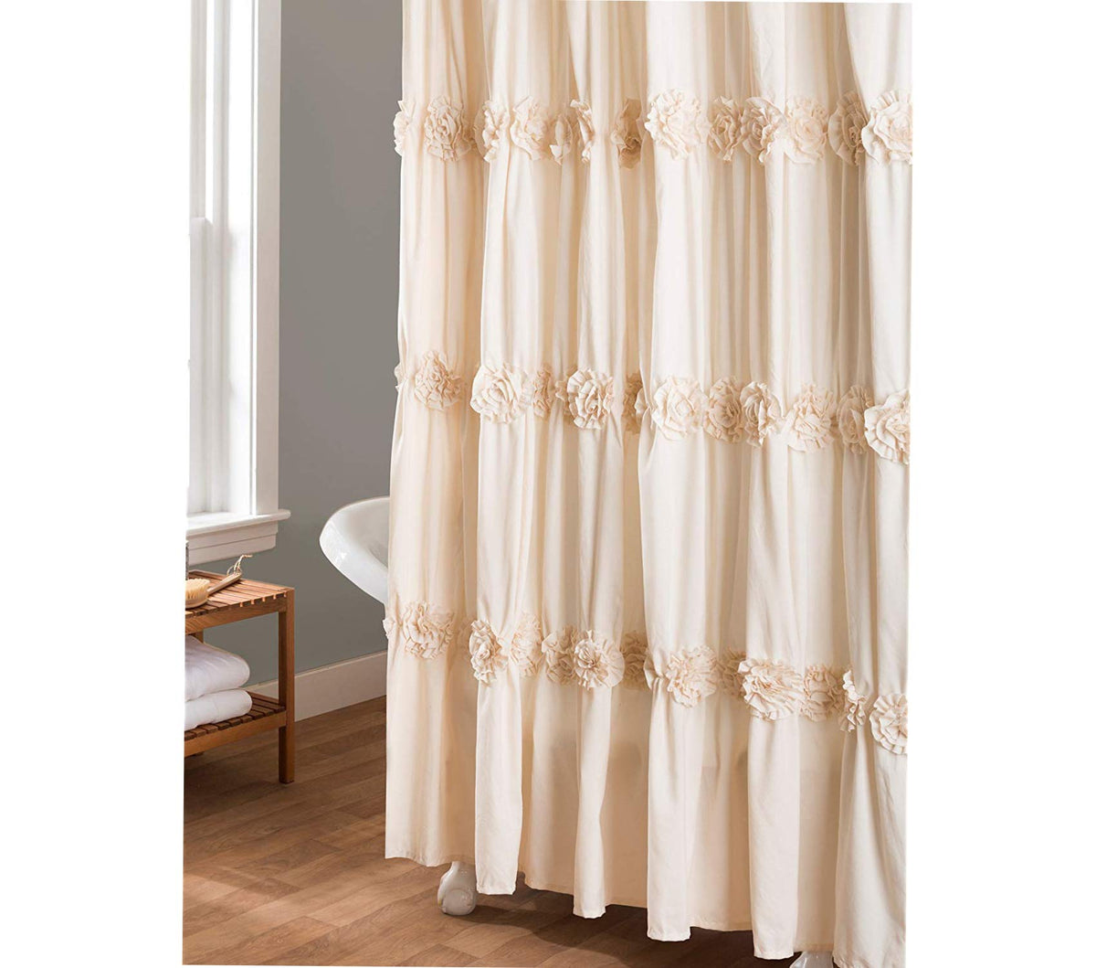 Lush Decor Darla Ruched Floral Bathroom Shower Curtain, 72” x 72”, Ivory - image 1