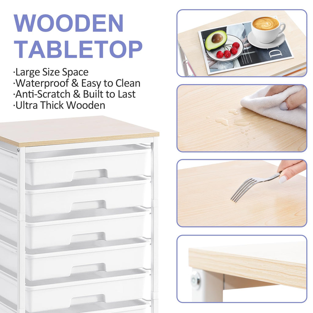 SYKIARIOL 8-Drawer Rolling Storage Trolley | Wooden Top Utility Cart