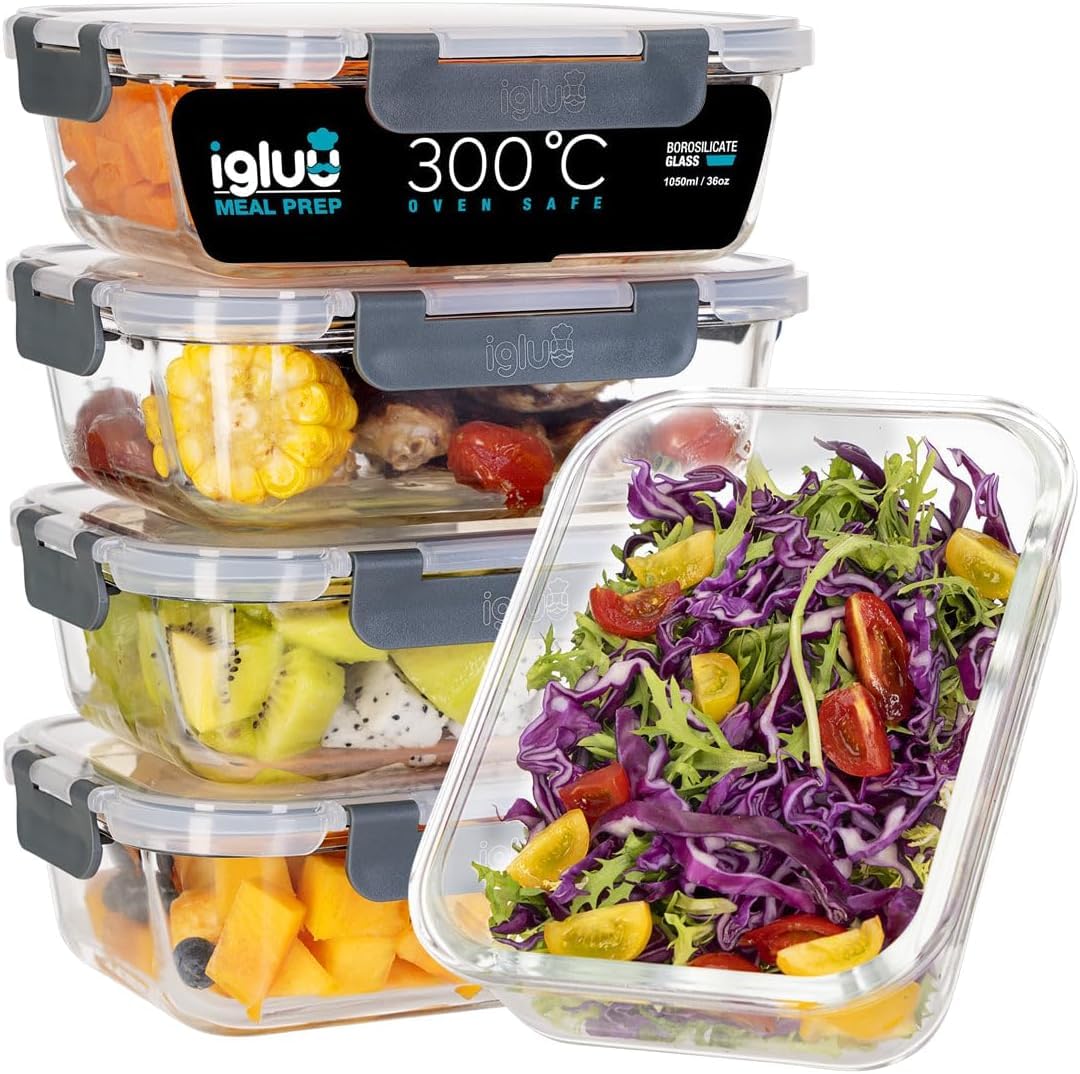Igluu Glass Meal Prep Containers - 5 Pack Leakproof 1050ml Food Storage