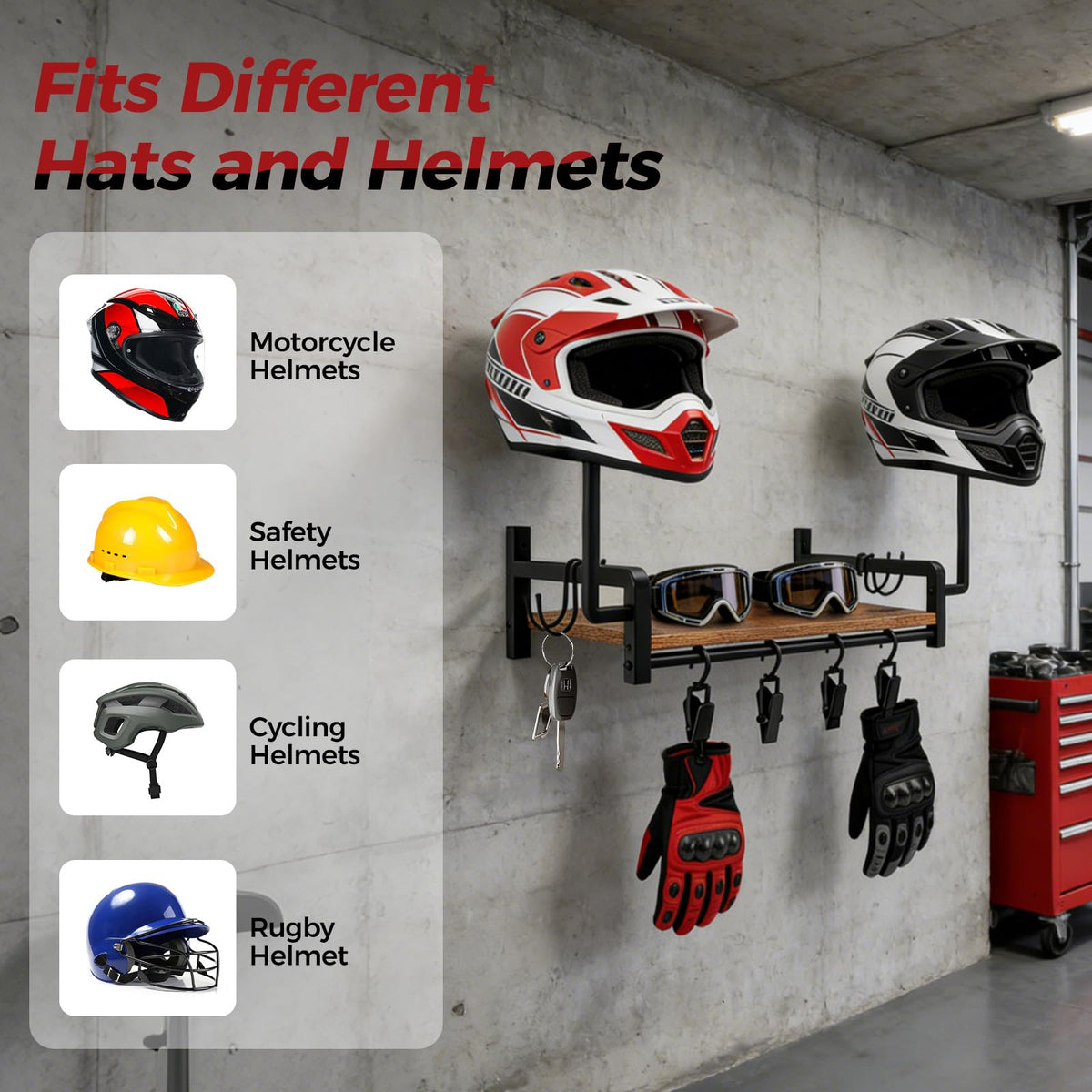 Motorcycle Helmet Holder Wall Mount, Stand for 2 Helmets with 4 Glove Hooks - image 3