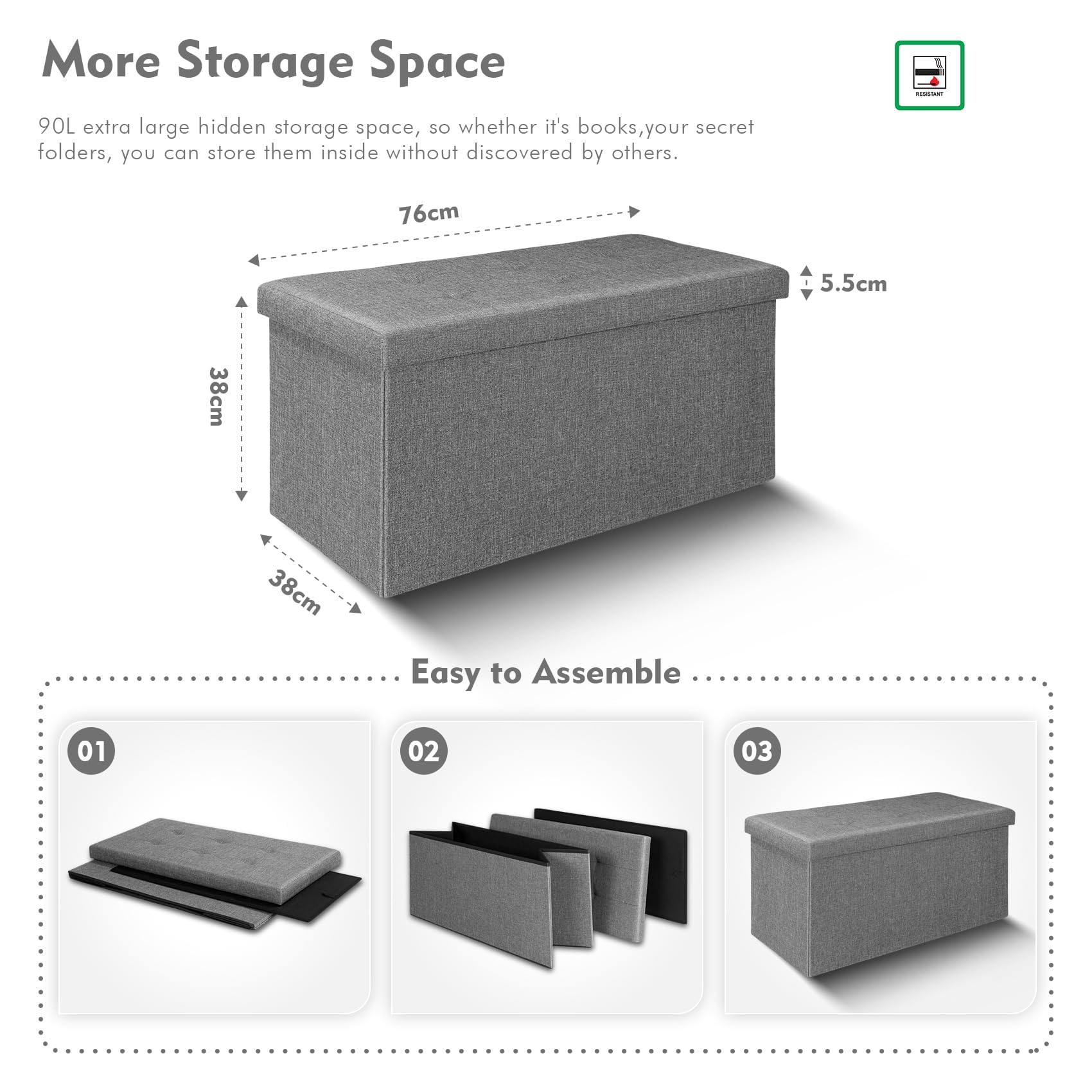 Bonlife Large Folding Storage Ottoman | Grey Linen Toy Box Bench – 76cm