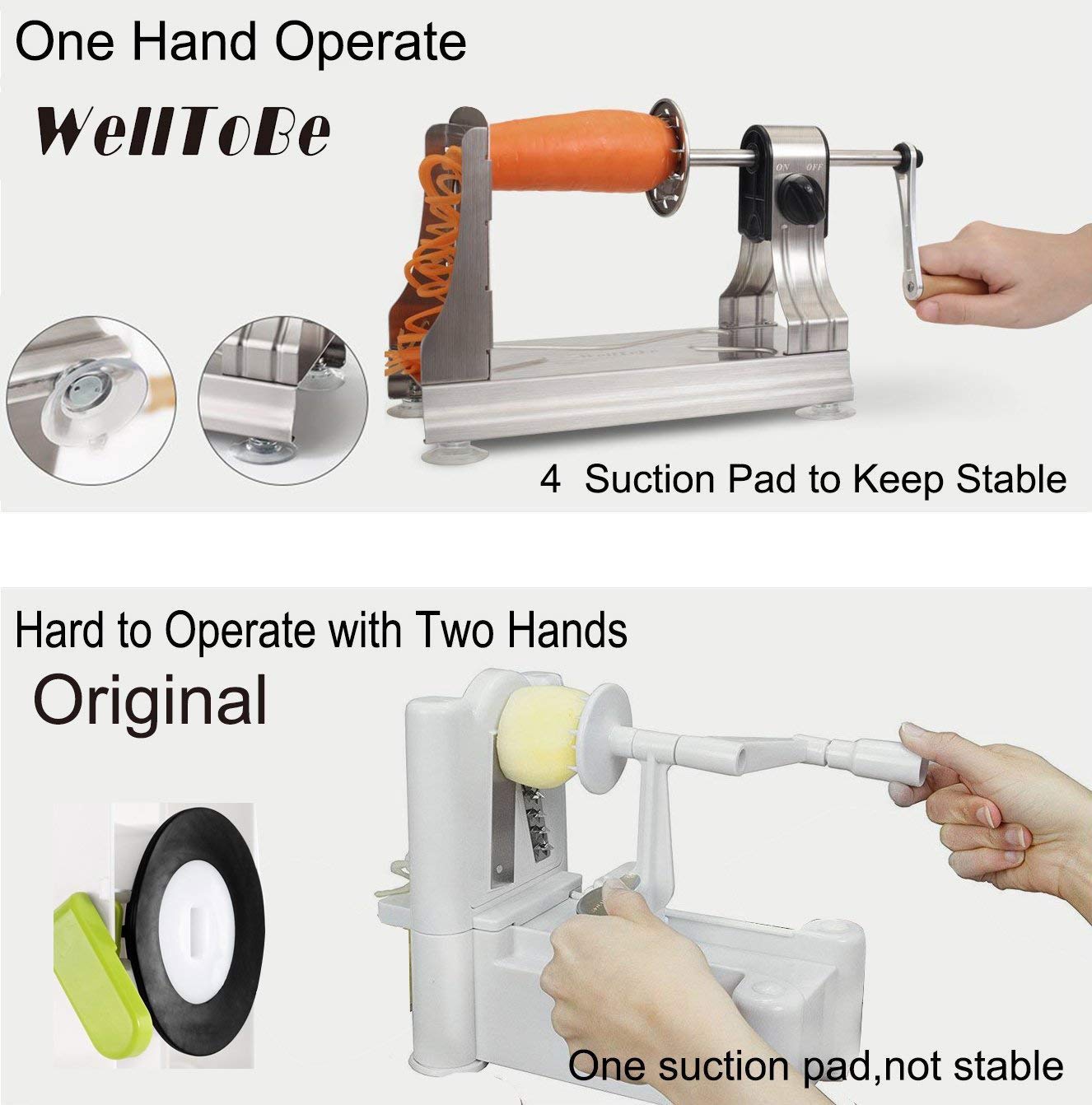 WellToBe 6-Blade Stainless Steel Vegetable Spiralizer & Zoodle Maker