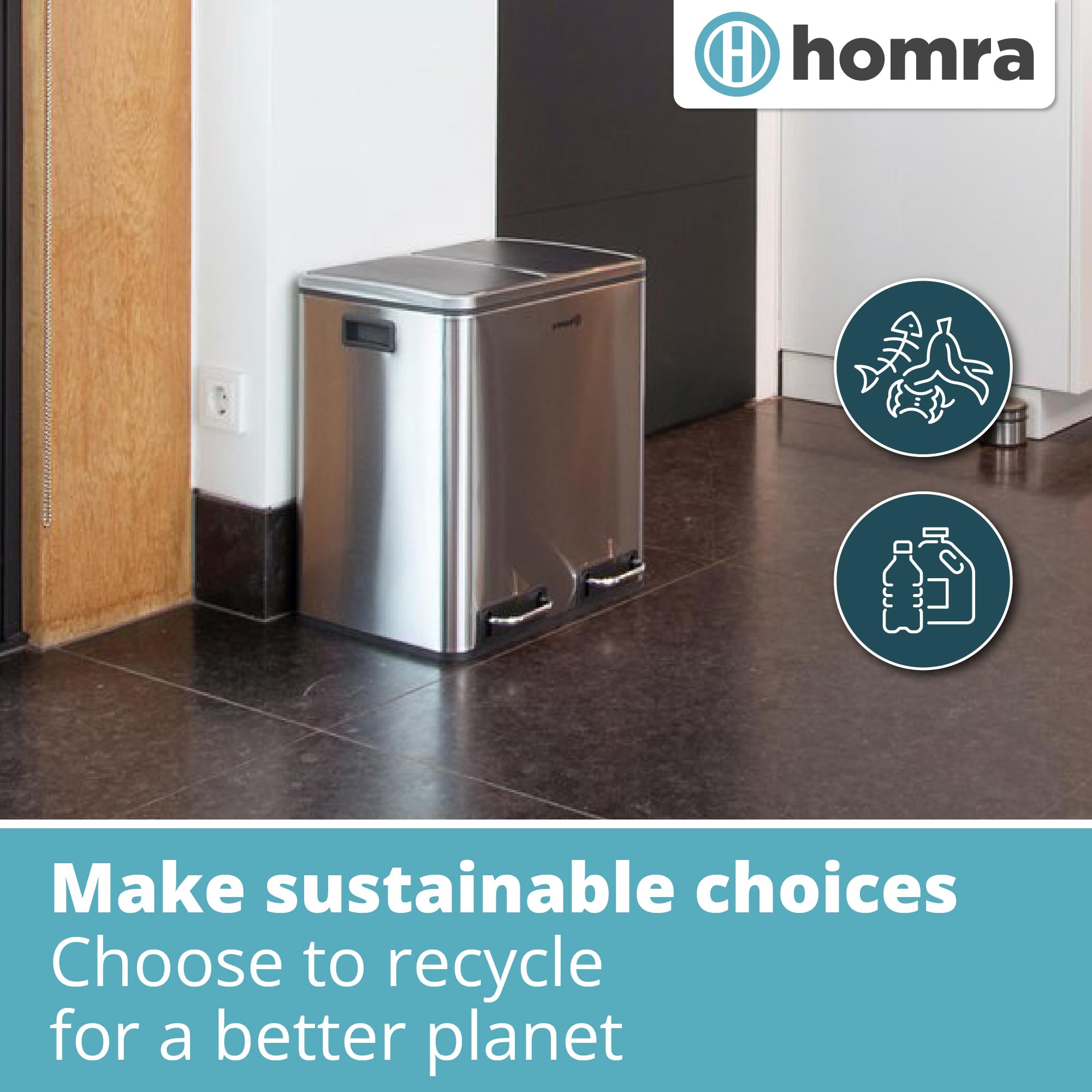 Homra Dual Kitchen Bin 30L – Stainless Steel 2 Compartment Pedal Bin