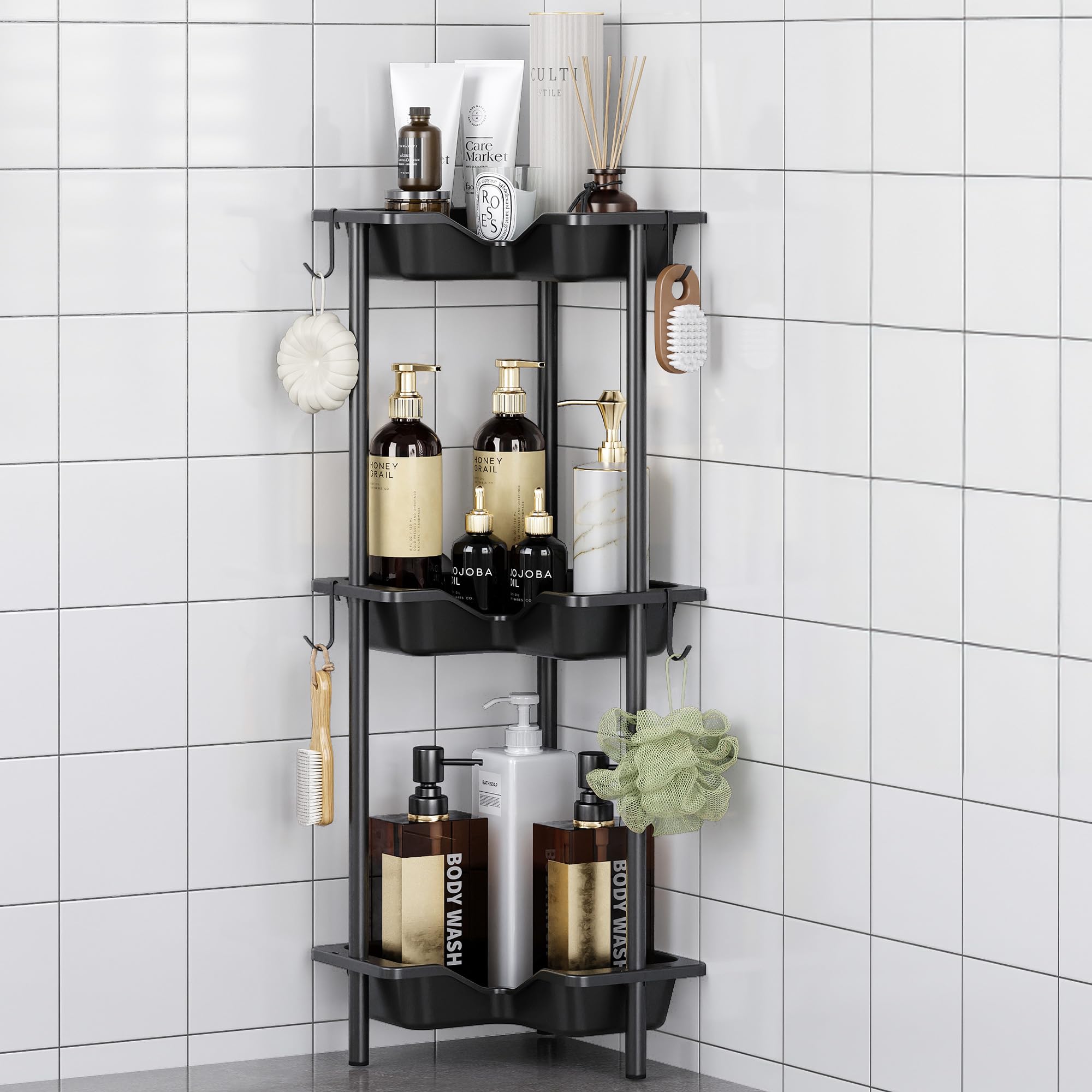 OriwarE 3-Tier Floor Standing Corner Shower Caddy - Rustproof Black Rack