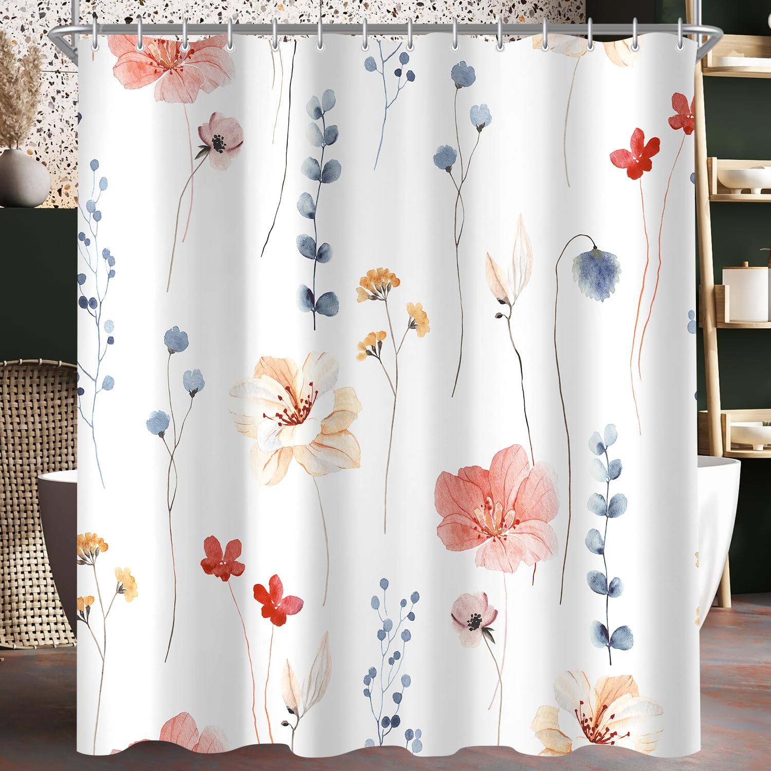 Jolof Store Coral Flower Shower Curtain – Anti-Mould Polyester, 180x200cm