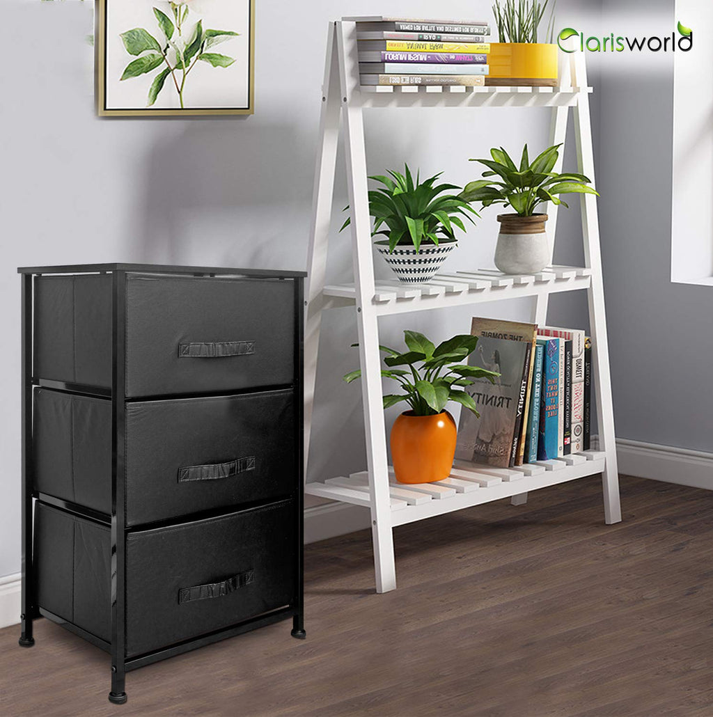 Clarisworld 3-Drawer Storage Tower Dresser | Black Fabric & Wood Top