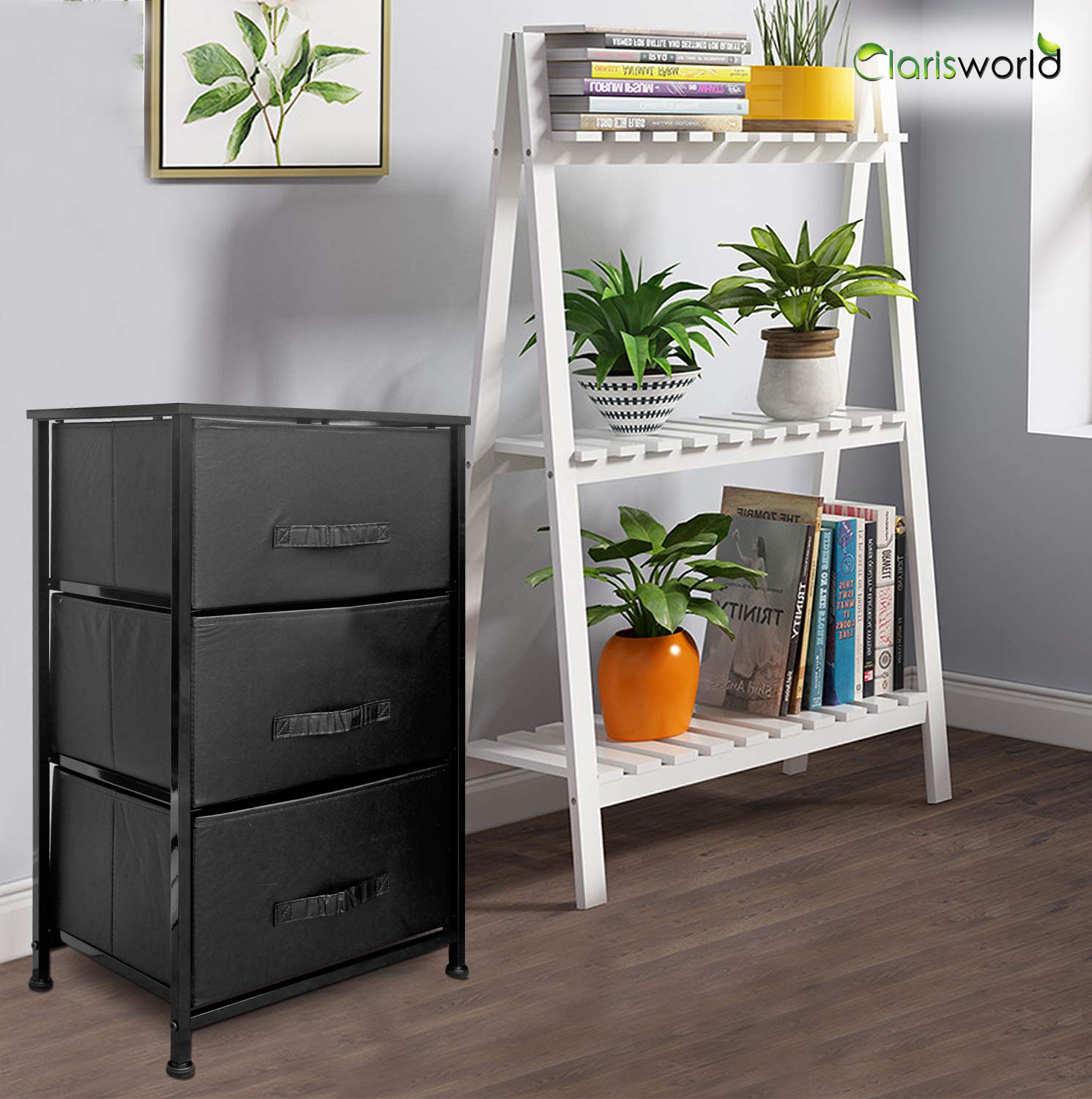 Clarisworld 3-Drawer Storage Tower Dresser | Black Fabric & Wood Top