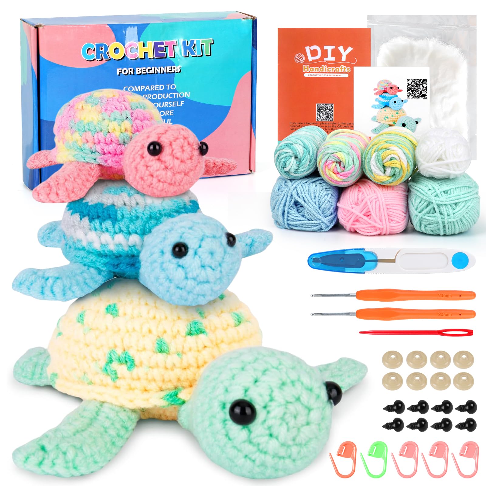 UXORSN Beginner Crochet Kit – 3 Pack Turtle Family Animal Starter Set