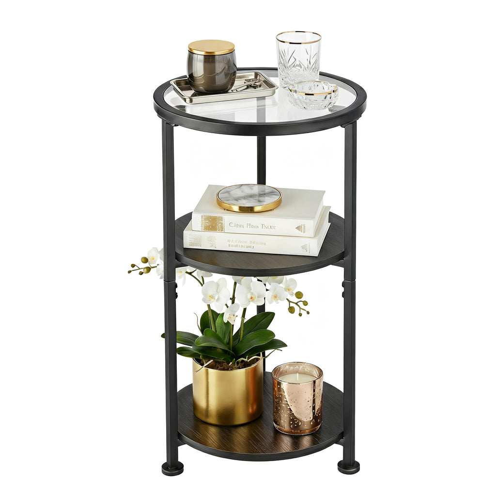 Glass Side Table, 3-Tier Round Side Table with Tempered Glass Top, Black - image 1