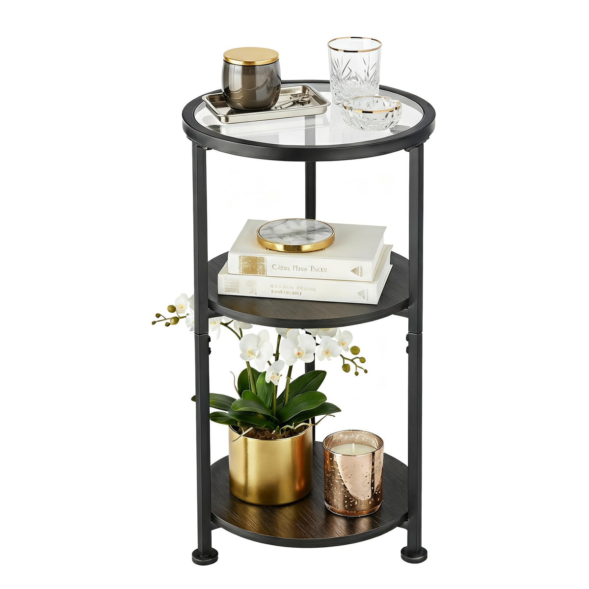 Glass Side Table, 3-Tier Round Side Table with Tempered Glass Top, Black - image 1