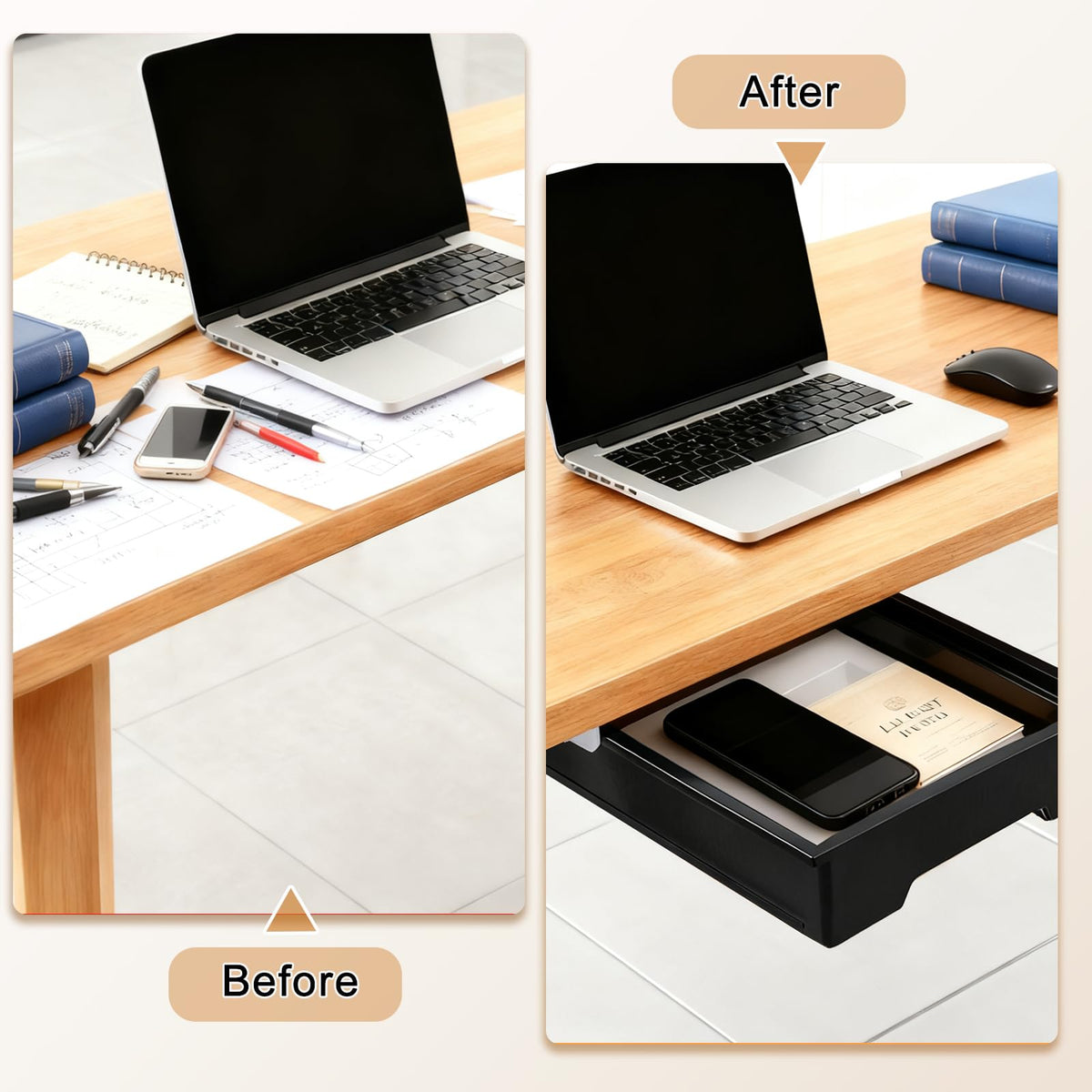 Hi-ERA 10.91"x 8.23" Under Desk Drawer Storage Organizer, Durable PC Material Self-Adhesive with Slide Out Rail