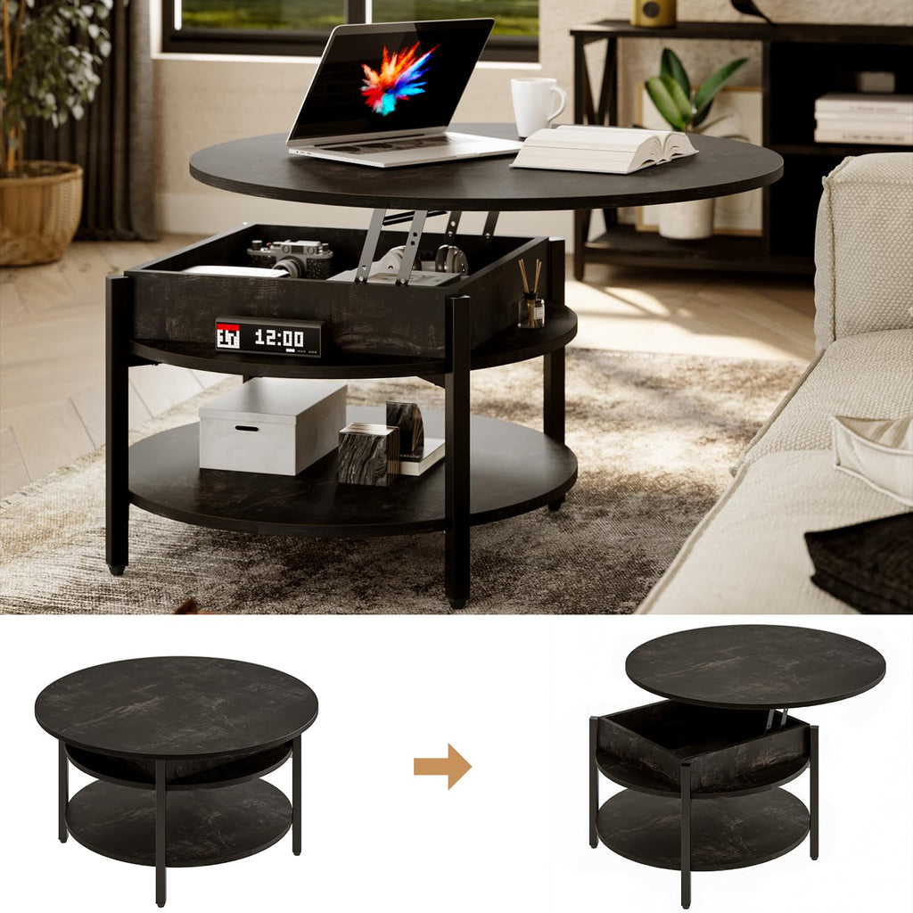 Mossora 68cm Black Oak Round Lift Top Coffee Table with Hidden Storage - image 3