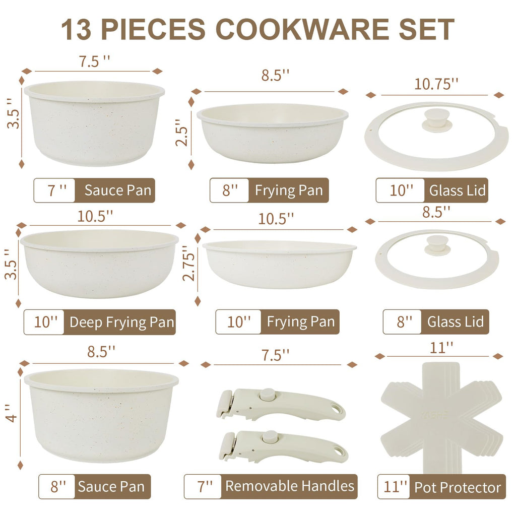 YASHE 13-Piece Nonstick Cookware Set with Detachable Handles – Granite White