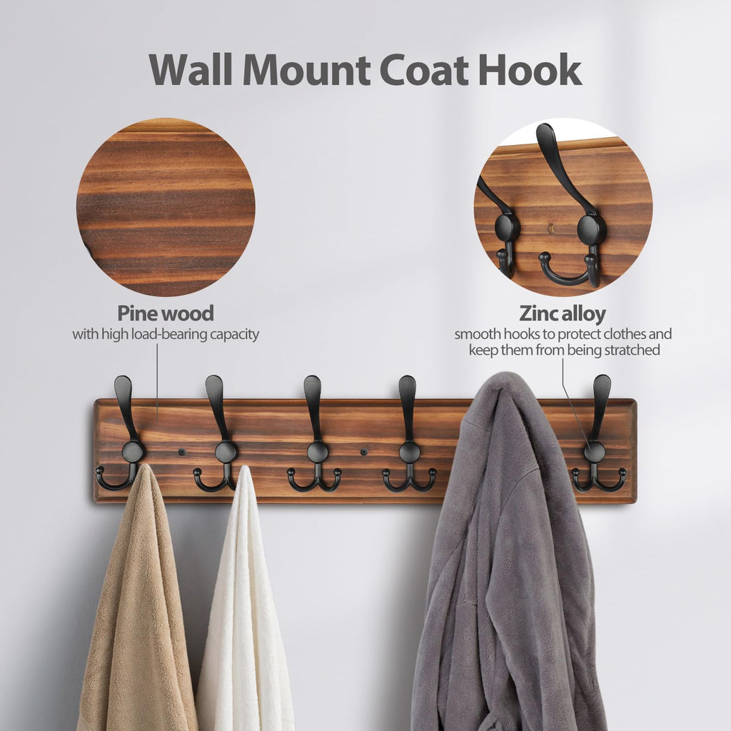 PHINGEER Wall Mounted Coat Rack – 6 Triple Hooks Heavy Duty Pine Wood