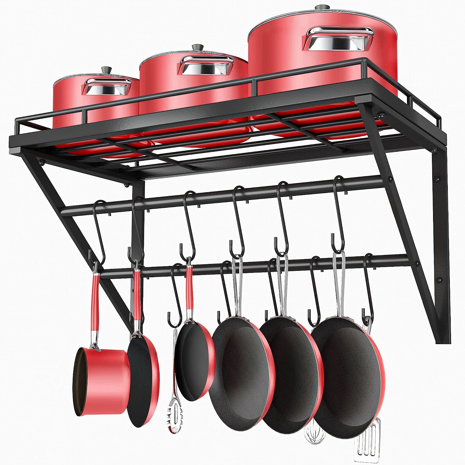 OROPY Wall Mount Pot Pan Rack | 60cm Metal Kitchen Shelf with 12 Hooks