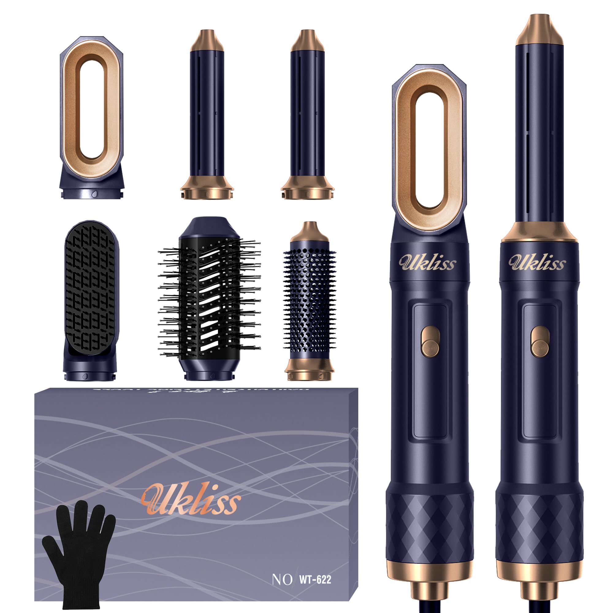 UKLISS 6-in-1 Hair Dryer Brush & Automatic Curler Multistyler Set - Blue