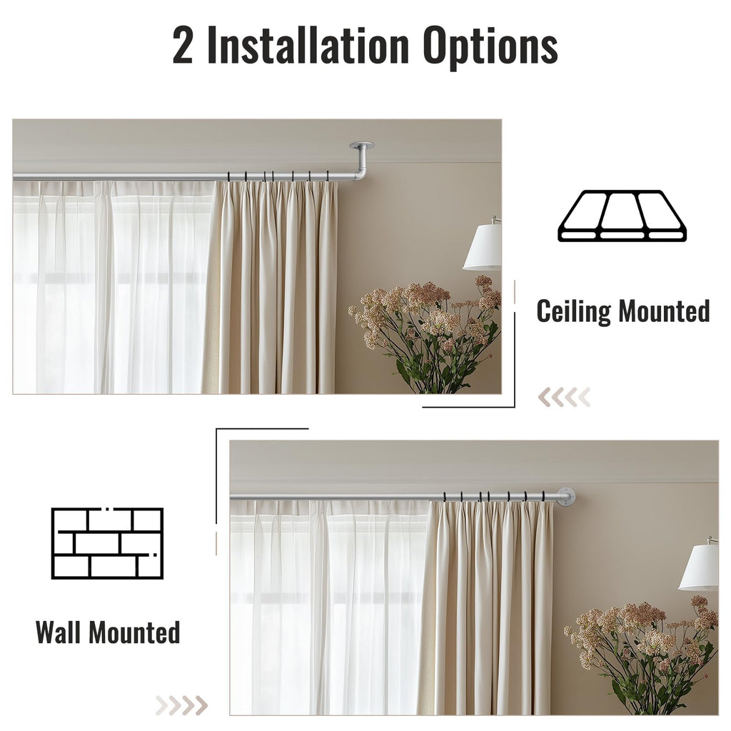 DEFYNEE Industrial Silver Curtain Pole | 25mm Heavy Duty Extendable Rod