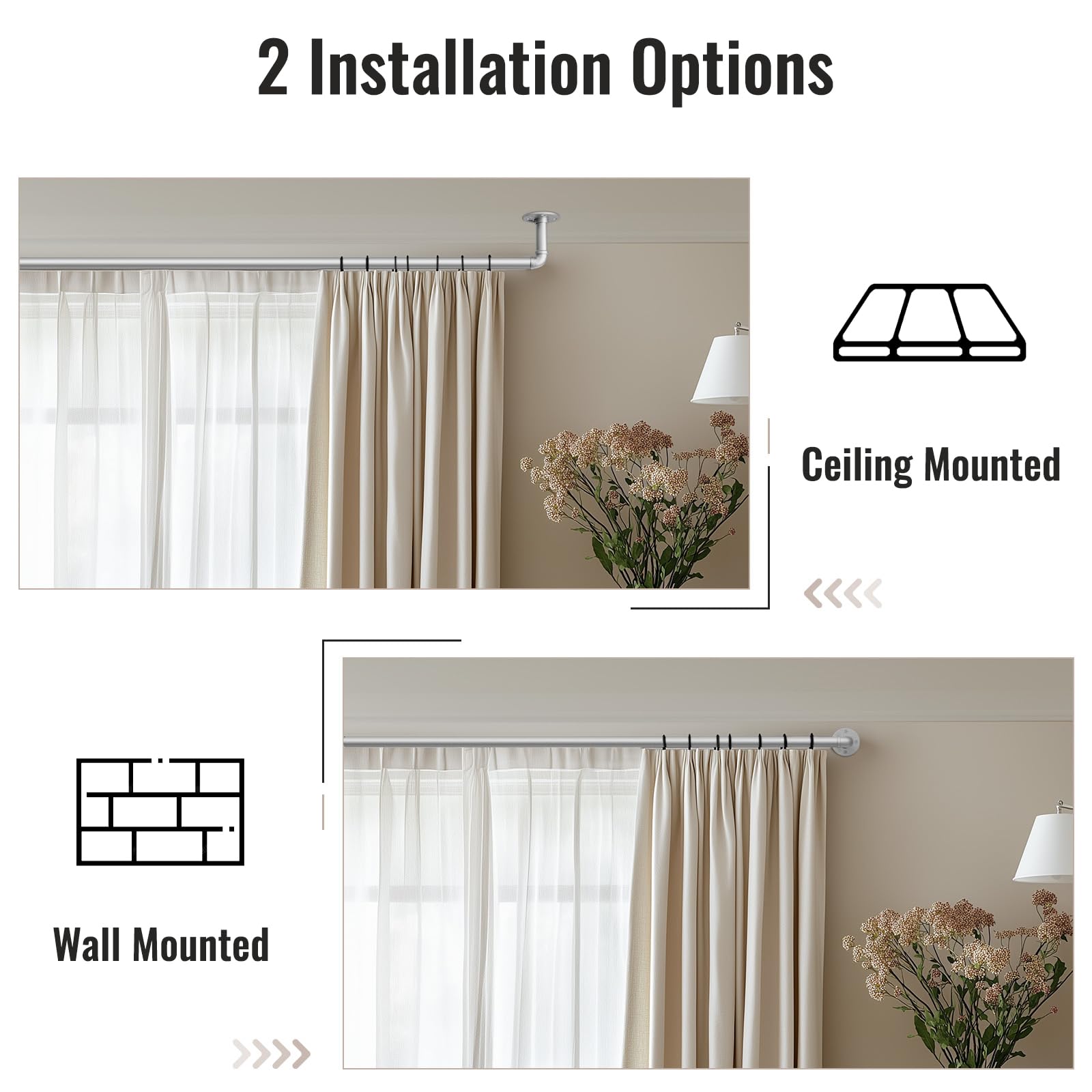 DEFYNEE Industrial Silver Curtain Pole | 25mm Heavy Duty Extendable Rod