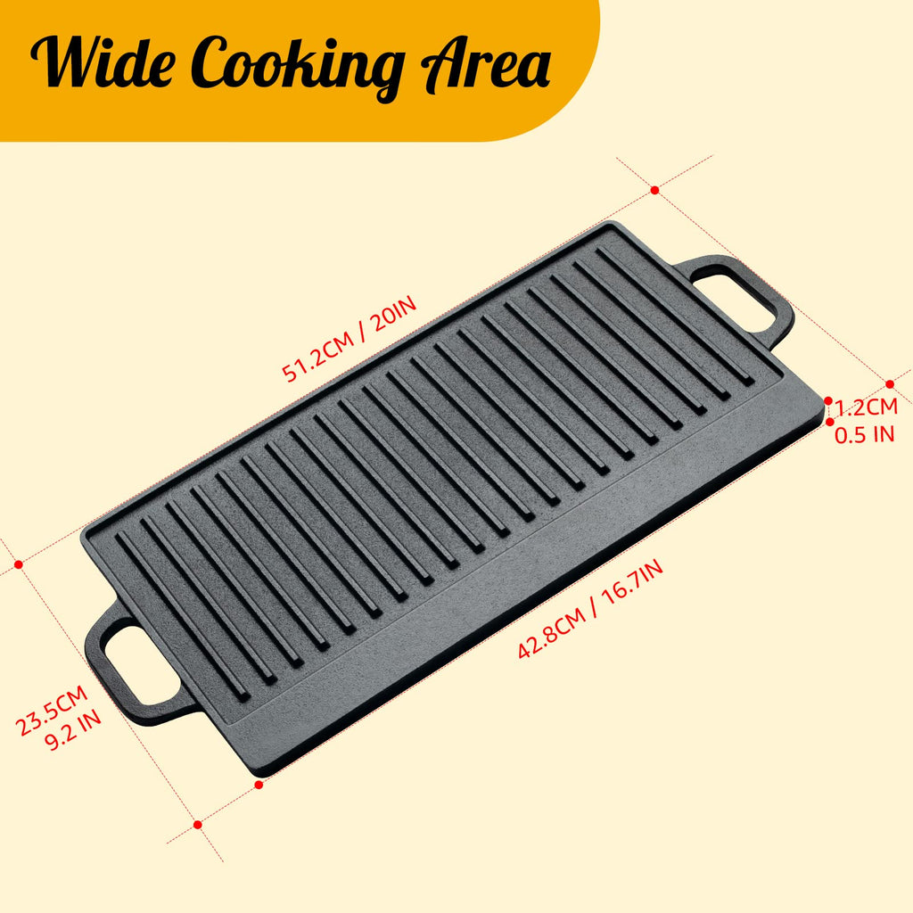 Overmont Pre-Seasoned Cast Iron Reversible Griddle Grill Pan, 20x9.2 Inch