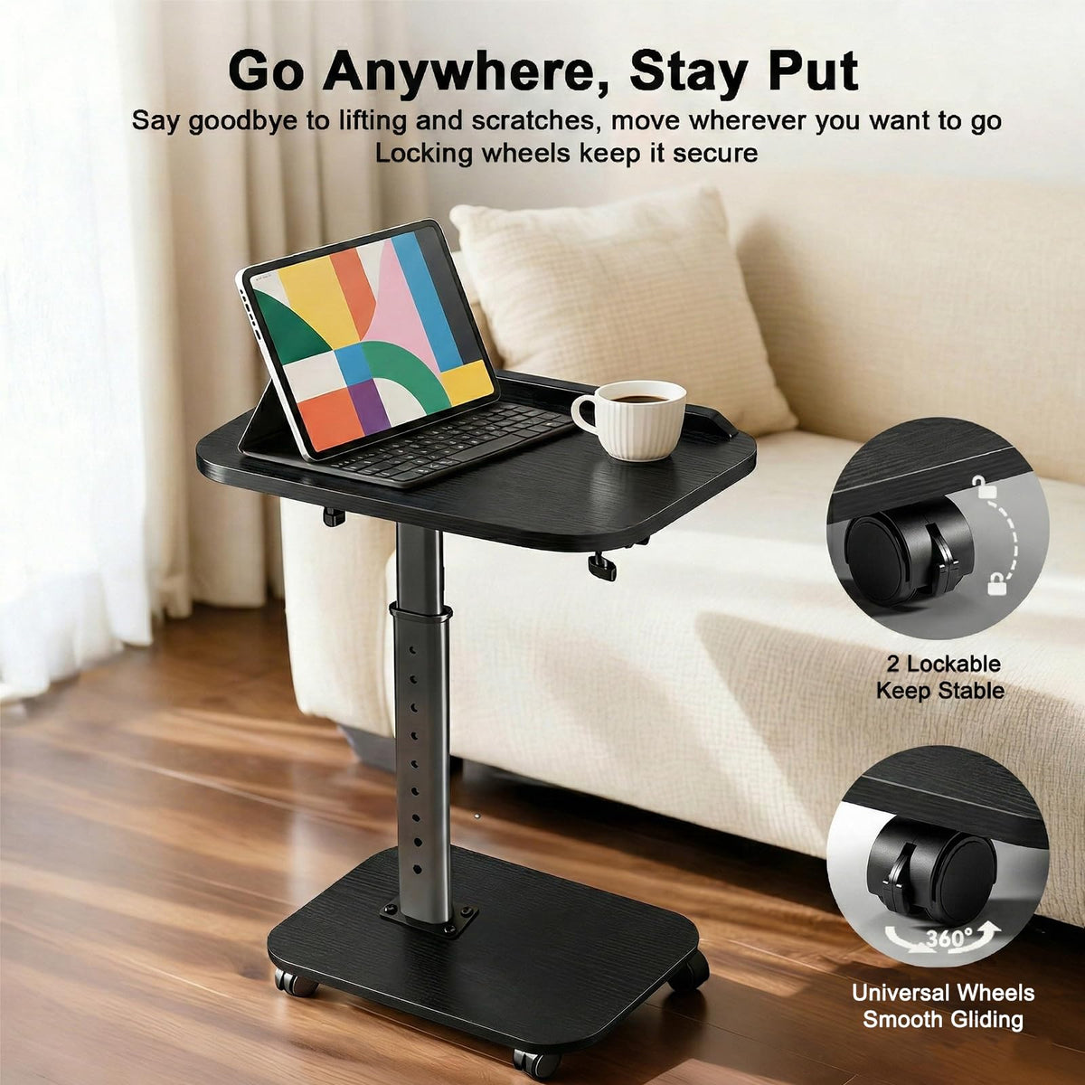 Lubeau Adjustable Side Table with Wheels, C Shaped Side Table Adjustable Height 180° Flip-Over Panel Design, End Table with Phone/Tablet Slot - image 3