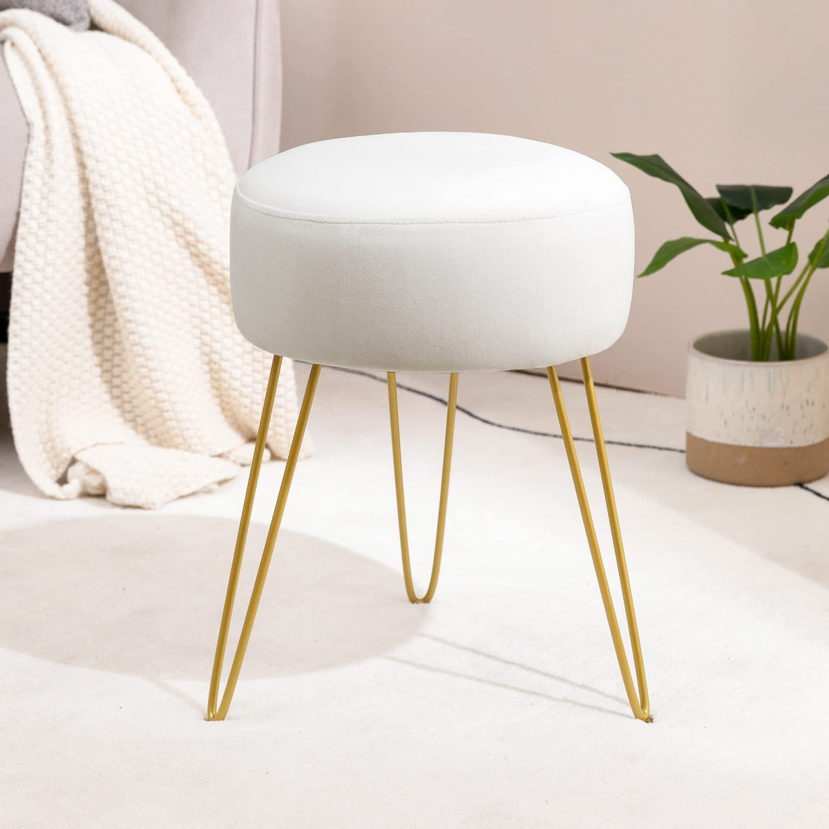 LUE BONA Velvet Round Stool Dressing Table Stool, Makeup Vanity Stool, Ottoman Padded Stool Metal Legs Support, White