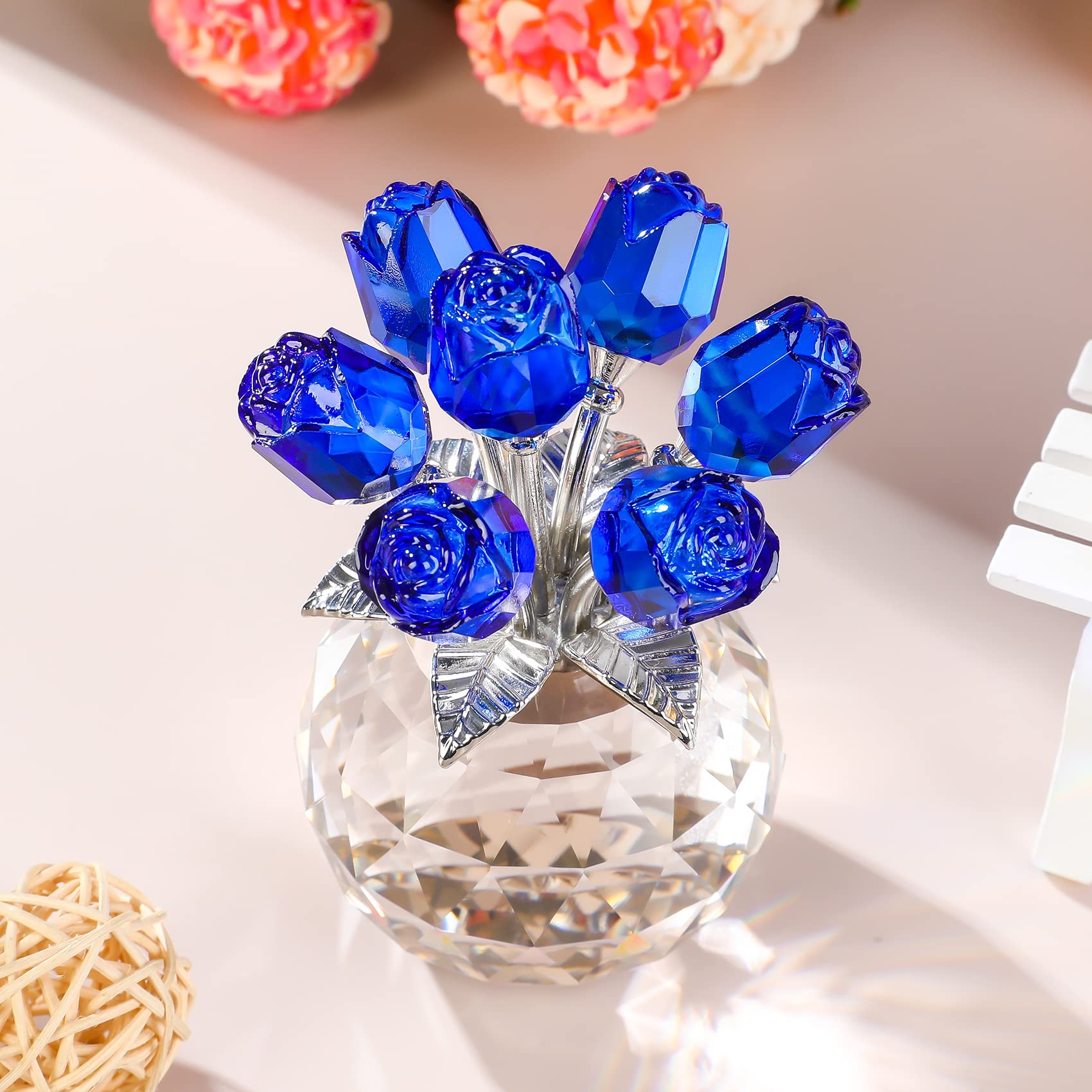 Crystal Blue Rose Bouquet Figurine | K9 Glass Floral Ornament