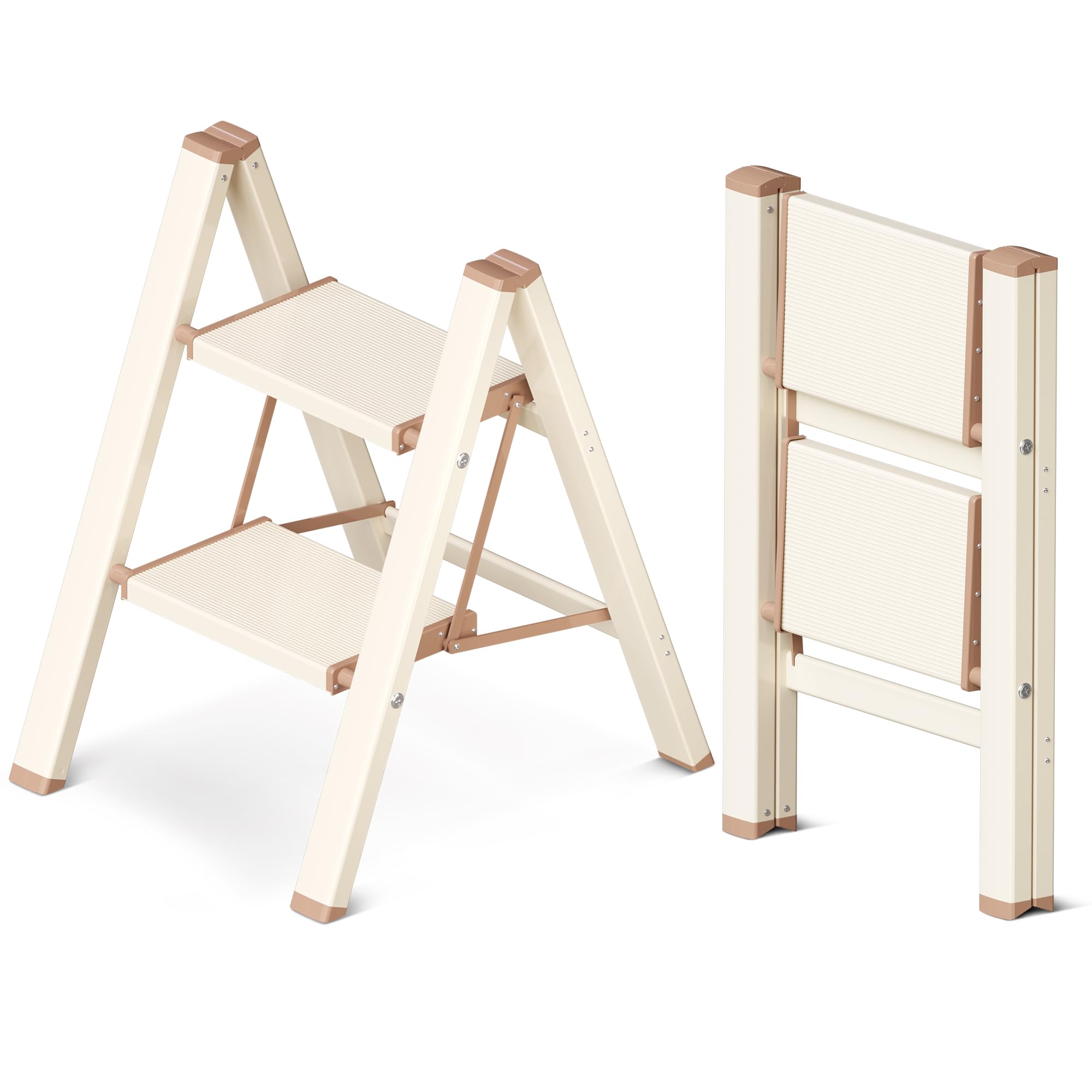 GameGem 2 Step Folding Ladder | Aluminum Anti-Slip Stool - Cream