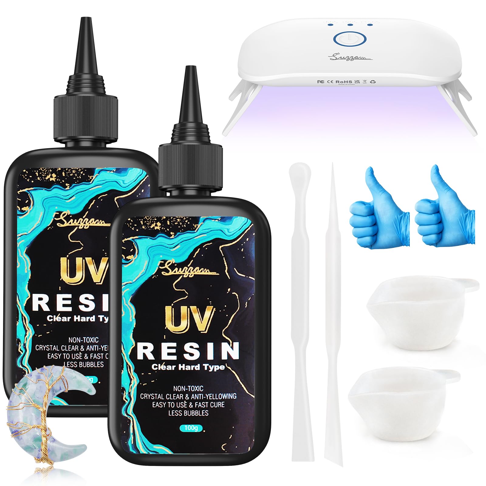 Suzzam UV Resin Kit with Lamp | 200g Crystal Clear Hard Resin for Jewelry
