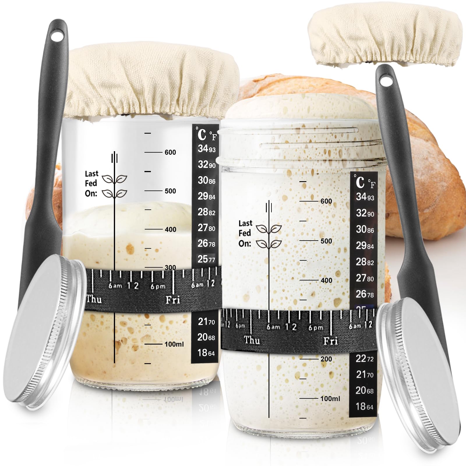 Zunmial Sourdough Starter Kit – 2pcs Glass Jars with Feeding Band