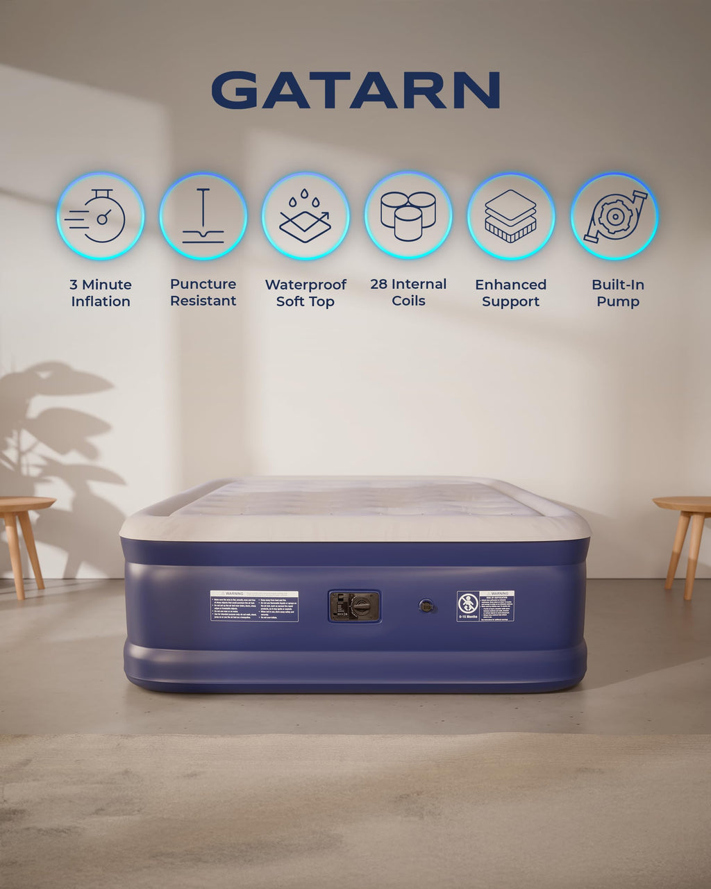 Gatarn Double Air Mattress with Built-in Electric Pump | 46cm Raised Bed