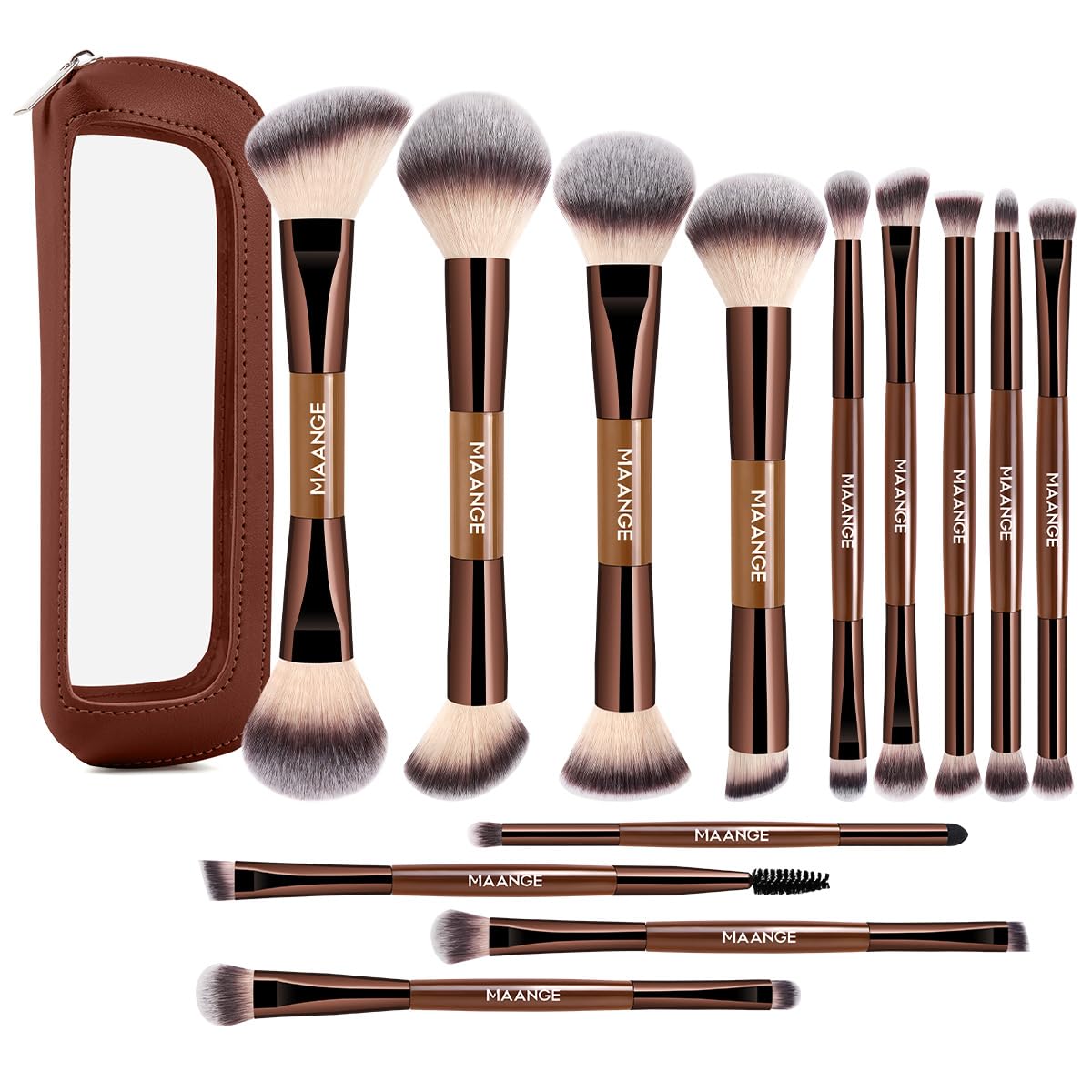 MAANGE 13Pcs Professional Vegan Makeup Brush Set with Case – Coffee Gold