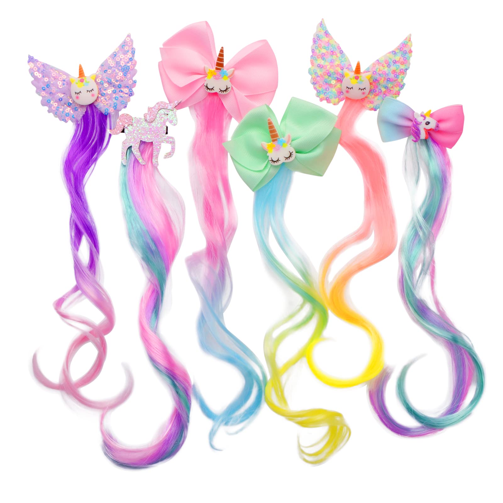 Jolof Store 6pcs Unicorn Rainbow Hair Extensions – Curly Clip-in for Girls