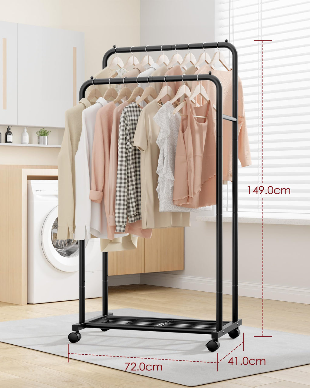 Sakugi Heavy-Duty Metal Clothes Rail – Rolling Garment Rack with Shelf