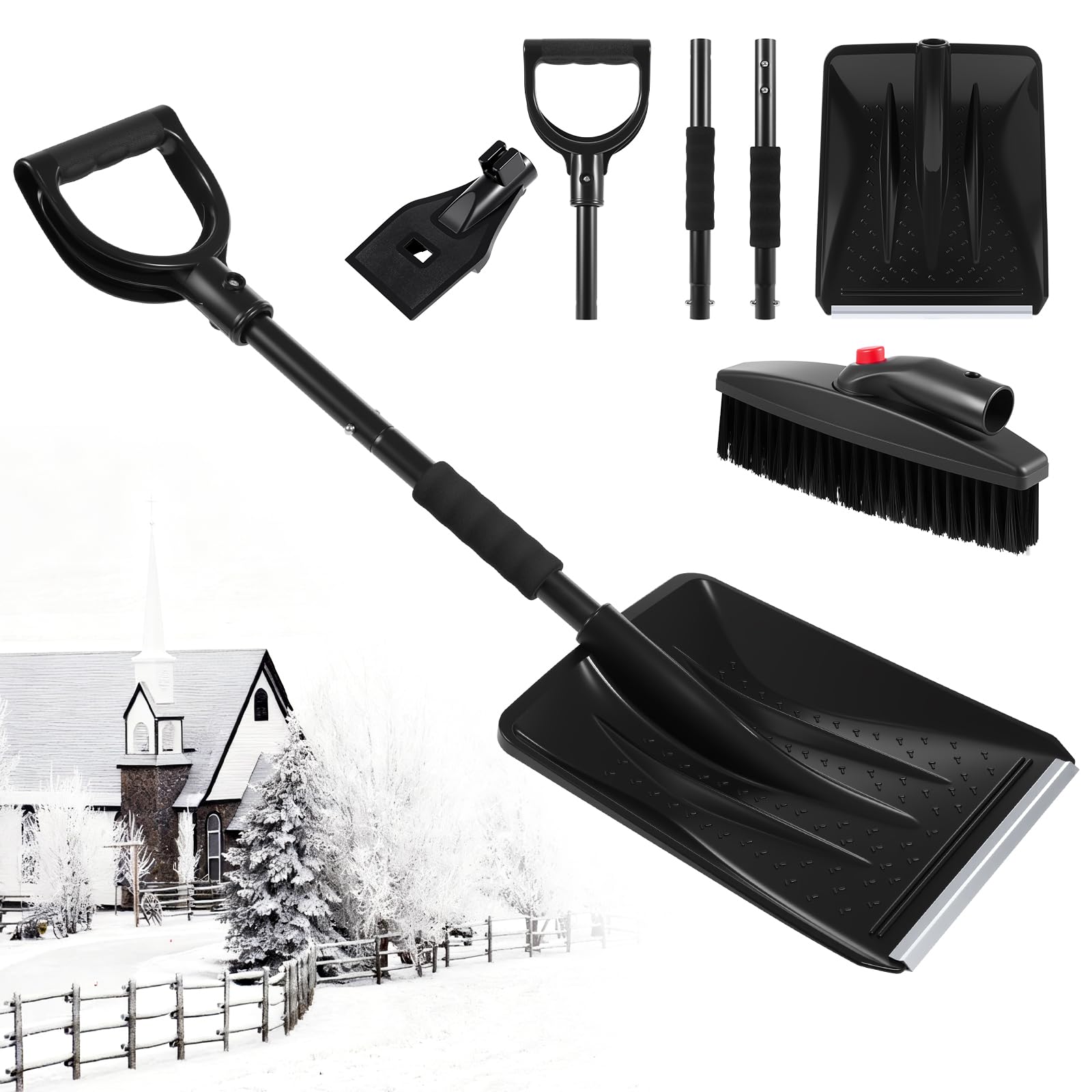 BAIEGOED 3-in-1 Heavy-Duty Snow Shovel with Ice Scraper and Brush