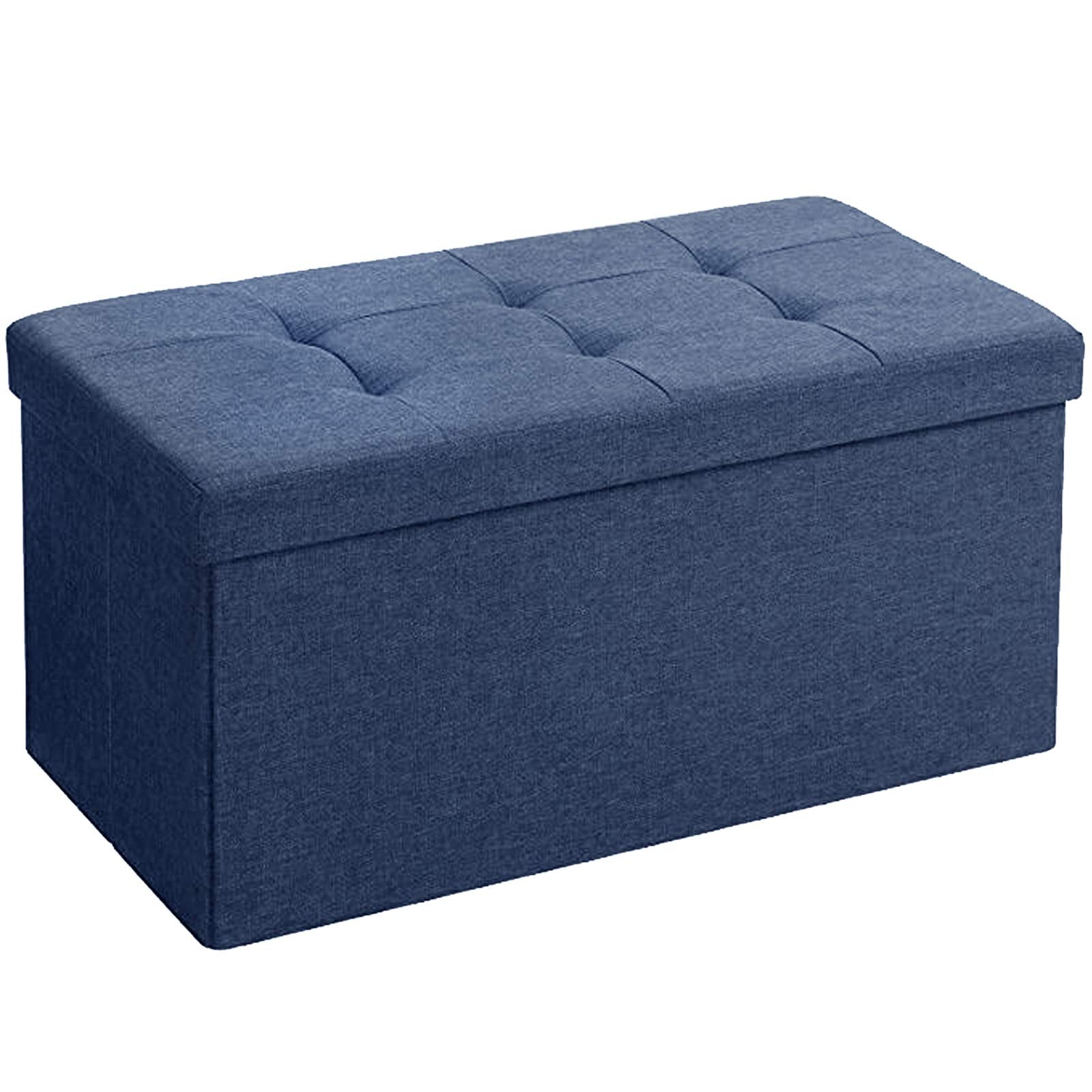 BRIAN & DANY Folding Storage Ottoman | Navy Blue Linen Footstool Bench