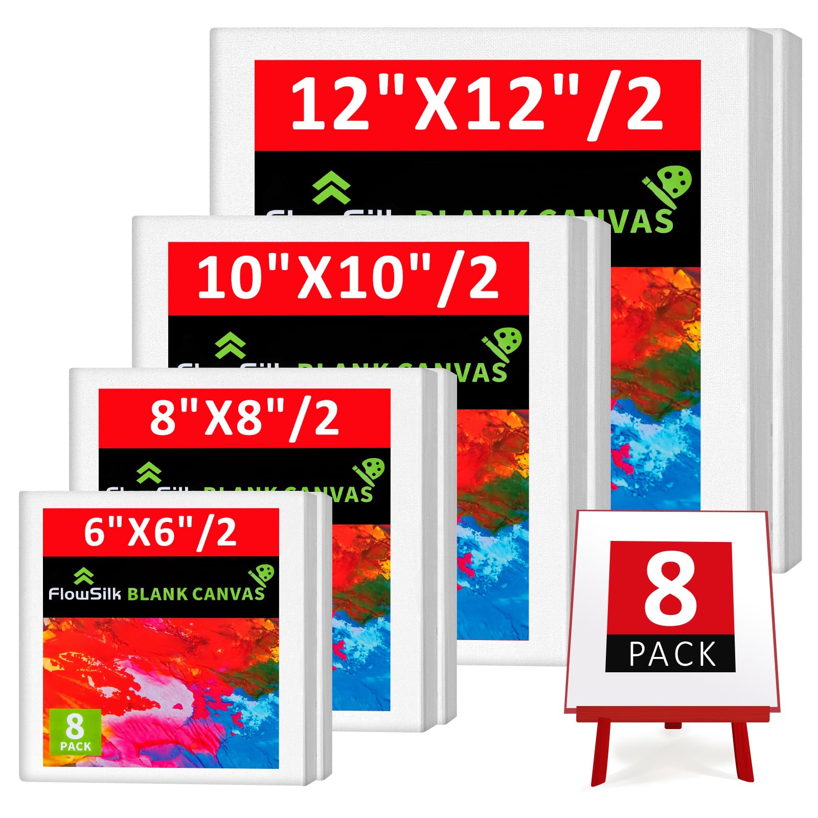 FlowSilk Stretched Canvas Set - 8 Pack Triple-Primed Cotton Art Panels