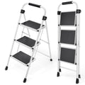 KINGRACK 3 Step Folding Ladder – Sturdy Steel Portable Step Stool, White
