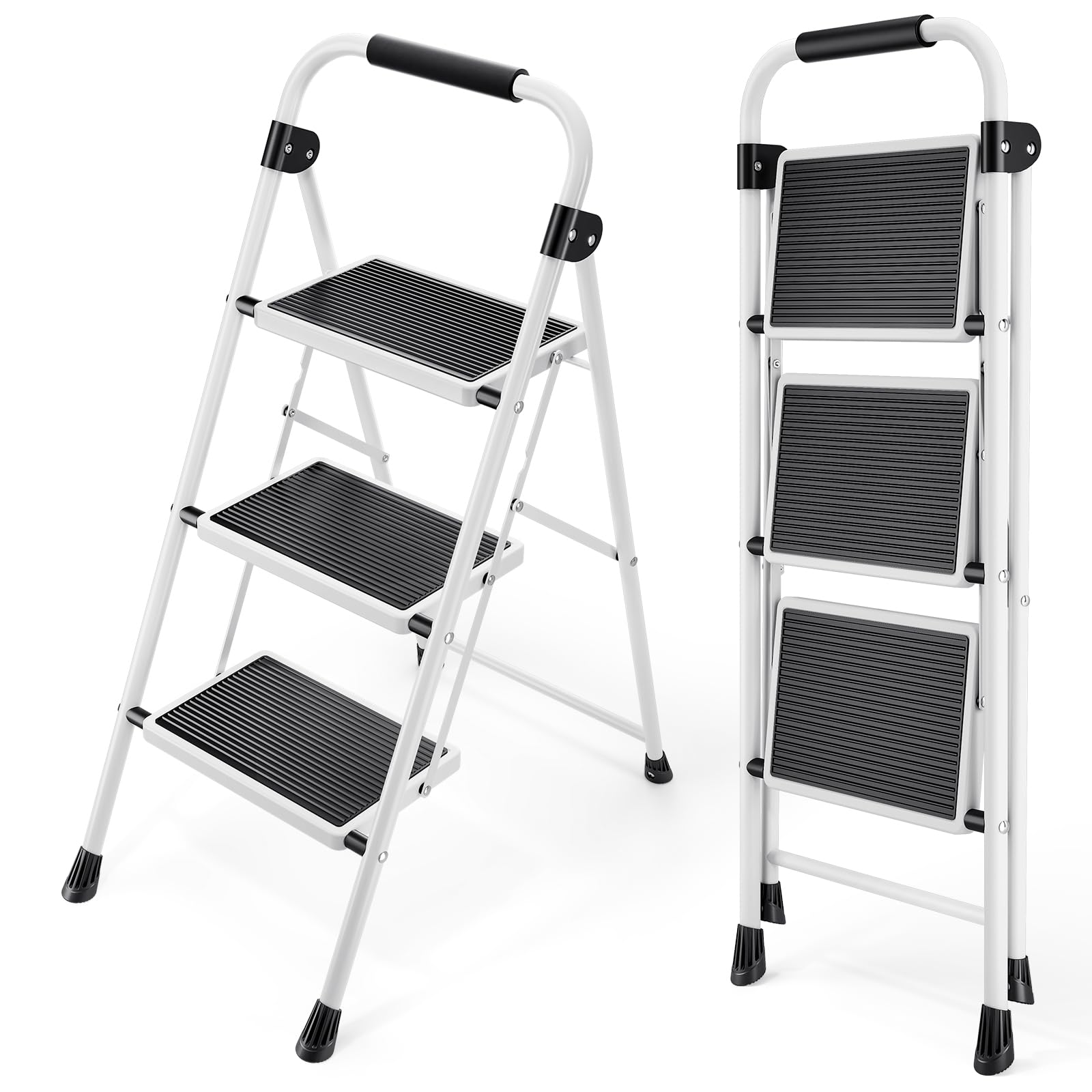 KINGRACK 3 Step Folding Ladder – Sturdy Steel Portable Step Stool, White