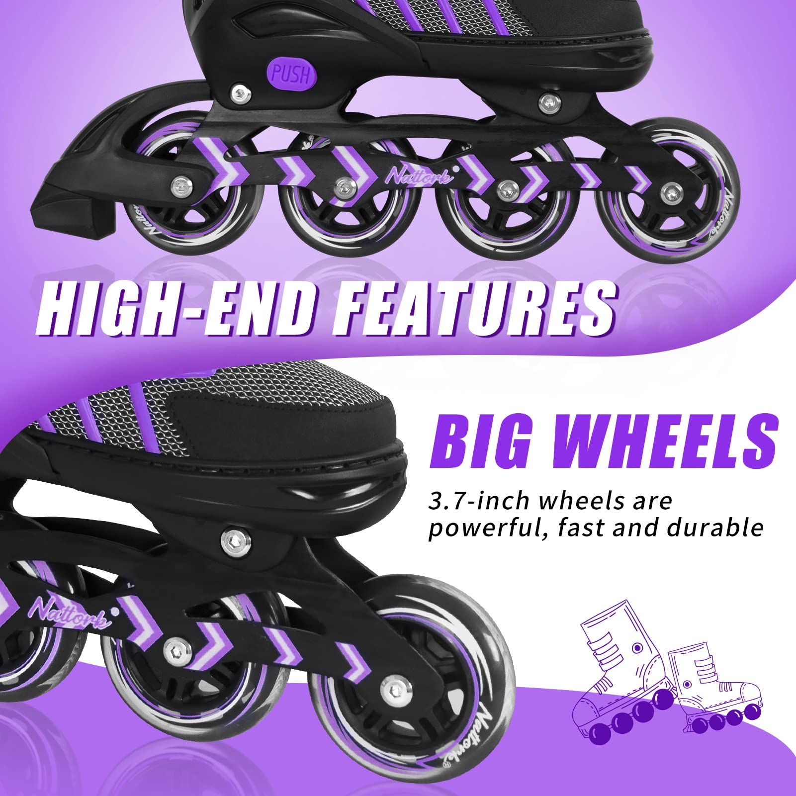 Nattork Adjustable Inline Skates | Purple Outdoor Roller Blades for Adults