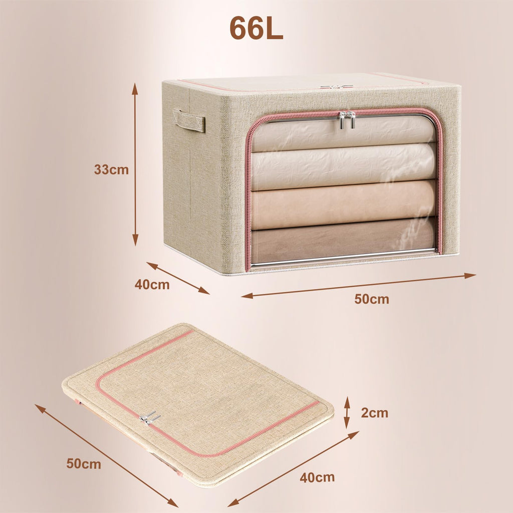 Douzi 2 Pack Clothes Storage Boxes Closet Organizers and Storage, Foldable Cloth Steel Frame Box for Storing Bedding,Blankets-Khaki-66L - image 5